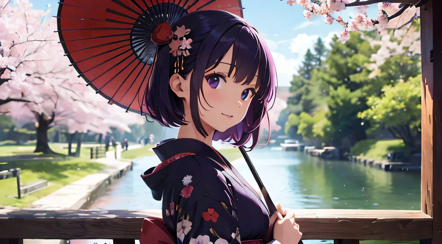 hight resolution　woman wearing the kimono　purple color  hair　face perfect　Perfect lips　Laughing　traditional Japanese room　Holding an umbrella　cherry trees