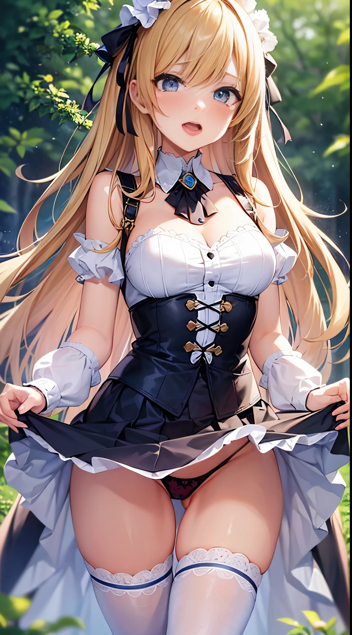 anime girl with long blonde hair and blue eyes in a white dress, small curvy loli, blonde anime girl with long hair, anime goddess, seductive anime girl, render of april, ecchi, from the azur lane videogame, water garden, ahegao, loli in dress, loli, pixiv 3dcg, ahegao, blush, sweat, open mouth, rolling eyes, tears, tongue out, skirt lift by myself, showing panties, nsfw,