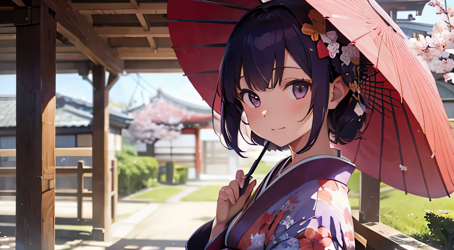 hight resolution woman wearing the kimono purple color hair face perfect Perfect lips Laughing traditional Japanese room Holding an umbrella cherry trees
