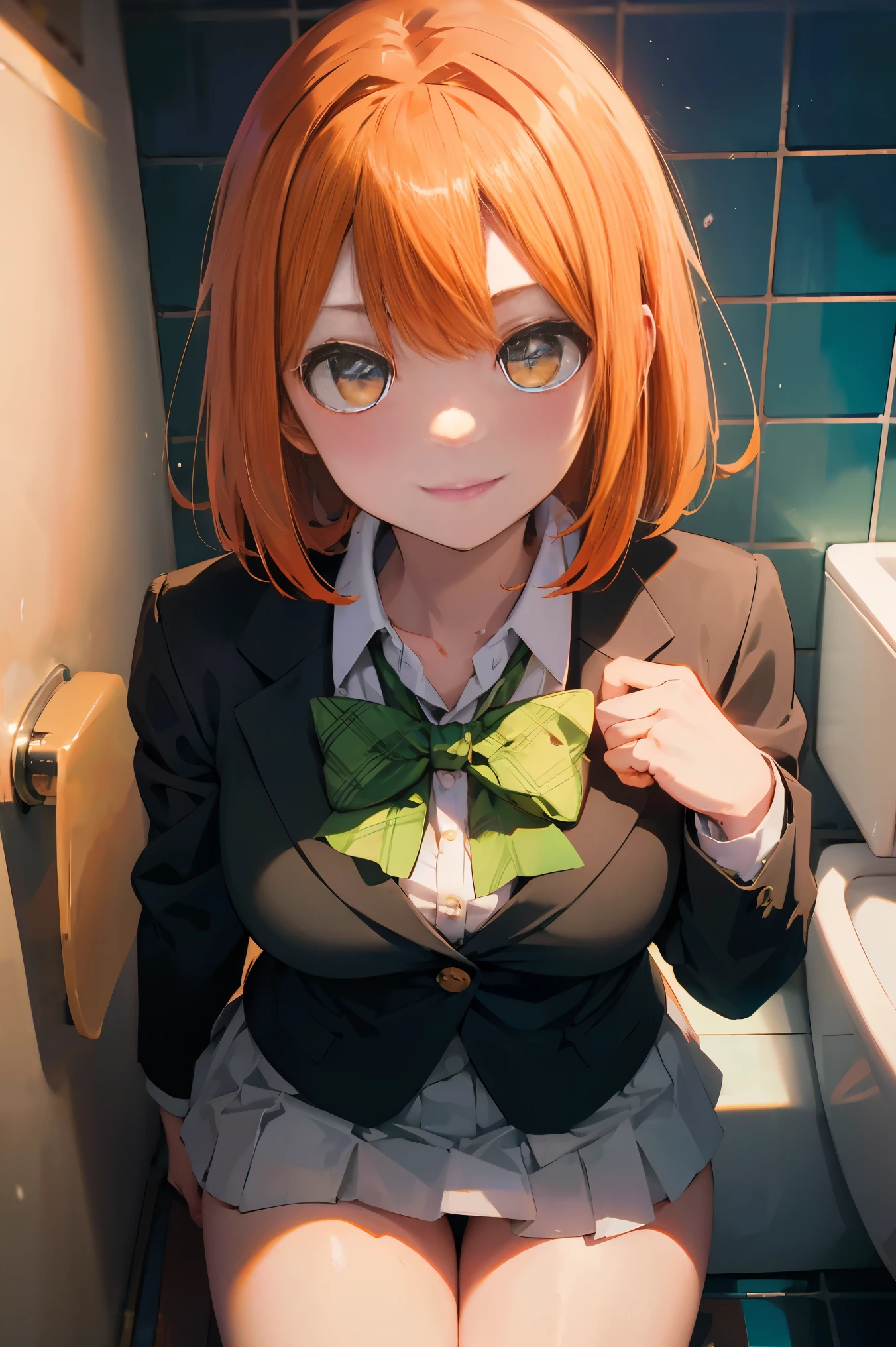 Nakano Yotsuba(The Bride of Fifths)、1girl, ​masterpiece、top-quality、NSFW, {{{pissing}}}、vagina, Orange pubic hair, {toilet room}、green hair bow, yellow sweater, black blazer,A slight smil、