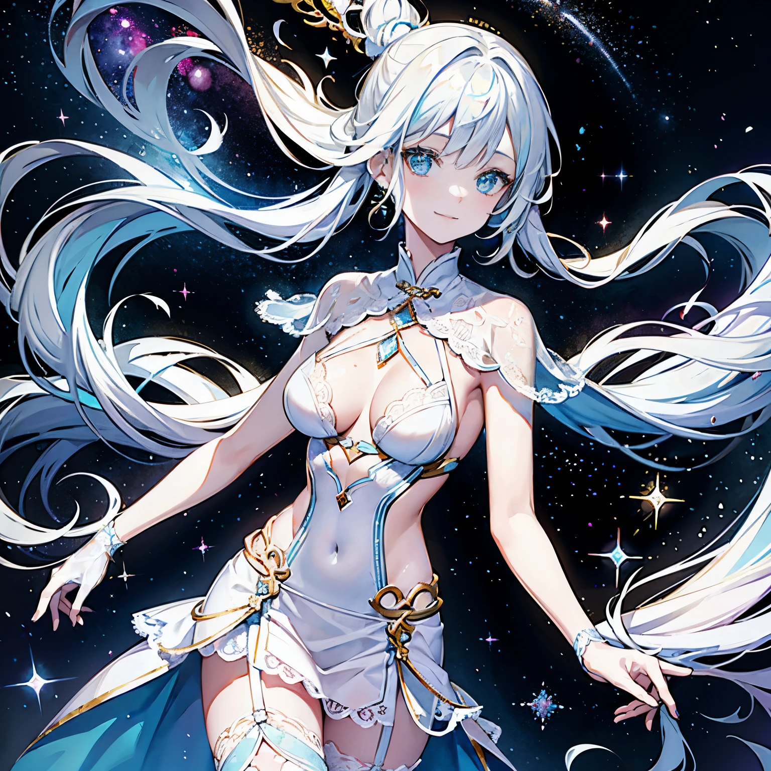 Watercolor beautiful gemstones, As estrelas, the space, 女孩探索the space, ssmile, tattoo all over body, Fantasy illustration, girl,Long white hair,blue color eyes,is a perfect face, Beautiful face and beautiful flowing light hair, perfect eyes, Lovelowy jumpsuit,Transparent skirt,Lingerie white lace bright vibrant colors, Complicated details, hyper-detailing, hyper-detailing, Super mass