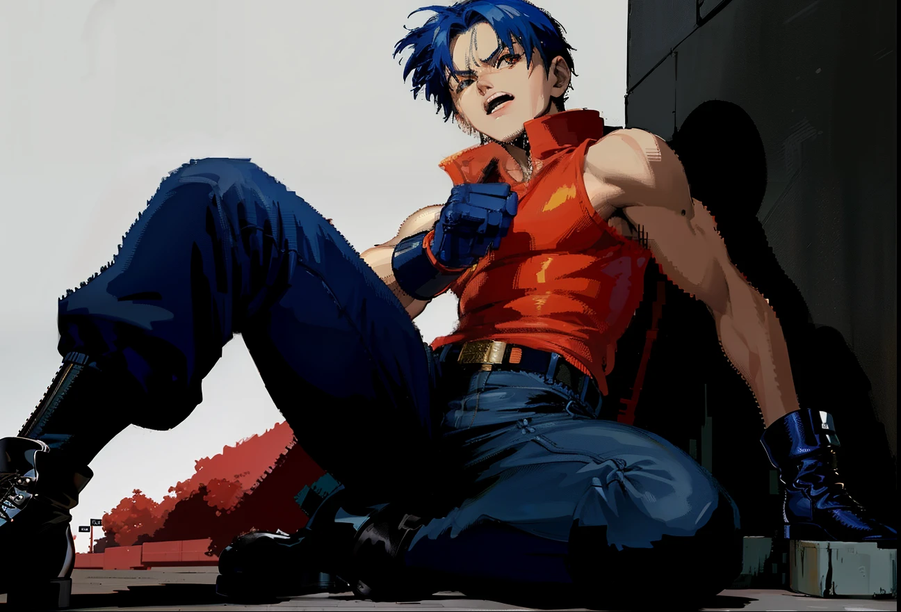 (((K9999 from the King of Fighters 2002))), Tetsuo Shima, 1boy, solo, delinquent boy, tetsuo shima , (K9999 from king of fighters 2002), ((K9999 from king of fighters 2002)), (short hair), blue short hair, brown boots, blue jeans, orange sleeveless skin tight shirt, black gloves, fighting game portrait]