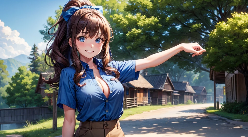 1girl, solo, village, trees, brown hair, long hair, curly hair, ponytail, large breasts, button down shirt, police, ((blue shirt)), ((unbuttoned shirt)), ((short sleeved shirt)), blue eyes, grin, looking at the viewer, standng, hair ribbon