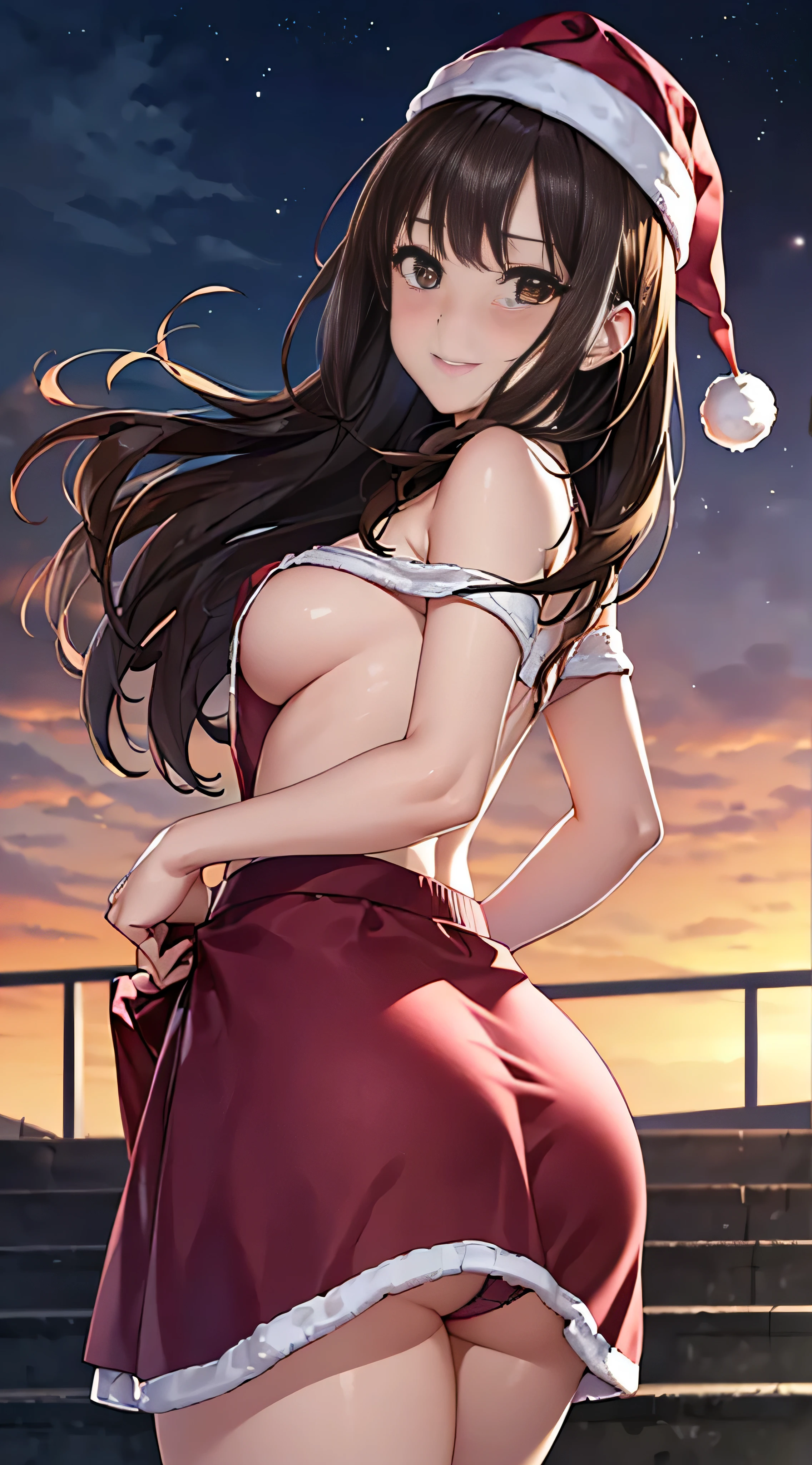 ((masutepiece, Best Quality, hight resolution, nffsw, Perfect Pixel, 4K, nffsw, nffsw))), 1girl in, Single, Solo, Beautie、full body seen、 ((Medium length wavy hair, Bangs, Brown hair)), ((Brown-eyed, Beautiful eyelashes, Realistic eyes)), ((Detailed face, Blushing:1.2)), ((Smooth texture:0.75, Realistic texture:0.65, Photorealistic:1.1, Anime CG style)), medium breasts, Dynamic Angle, Perfect body, (Santa Claus Costume、Red knitted hat、Red off-the-shoulder sweater、Long flared skirt、no-bra)), Christmas Lights、Looking up from the bottom of the stairs、Very embarrassing panic smile、Open your mouth and make a surprised face、 turned around、bending forward、(The wind flipped my skirt and exposed my butt................................................、stick out your butt、Touching the buttocks with both hands、Pink lace panties)、