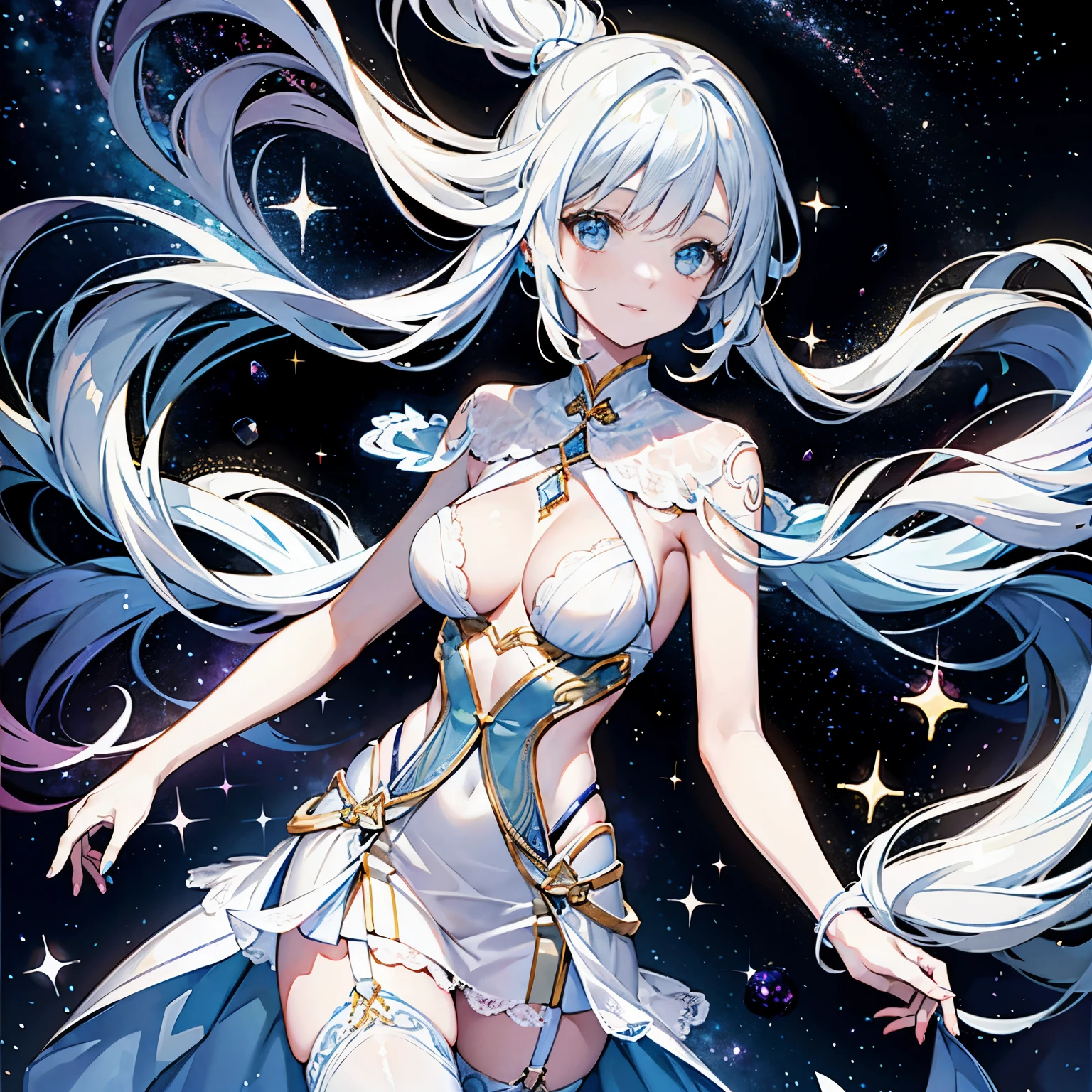 Watercolor beautiful gemstones, As estrelas, the space, 女孩探索the space, ssmile, tattoo all over body, Fantasy illustration, girl,Long white hair,blue color eyes,is a perfect face, Beautiful face and beautiful flowing light hair, perfect eyes, Lovelowy jumpsuit,Transparent skirt,Lingerie white lace bright vibrant colors, Complicated details, hyper-detailing, hyper-detailing, Super mass