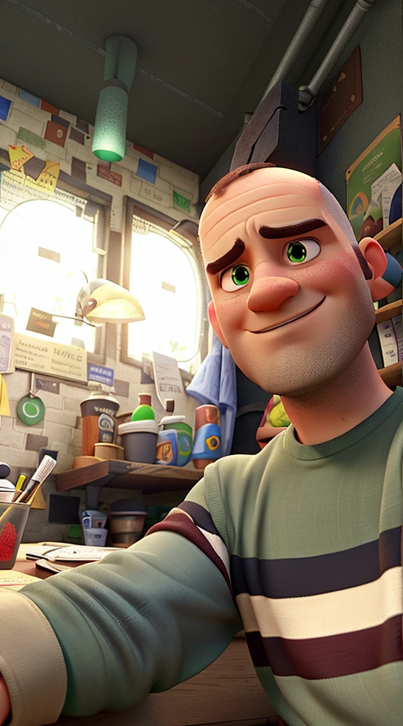 A Dysnei Pixar style man with a bald character, green eyes, in high quality