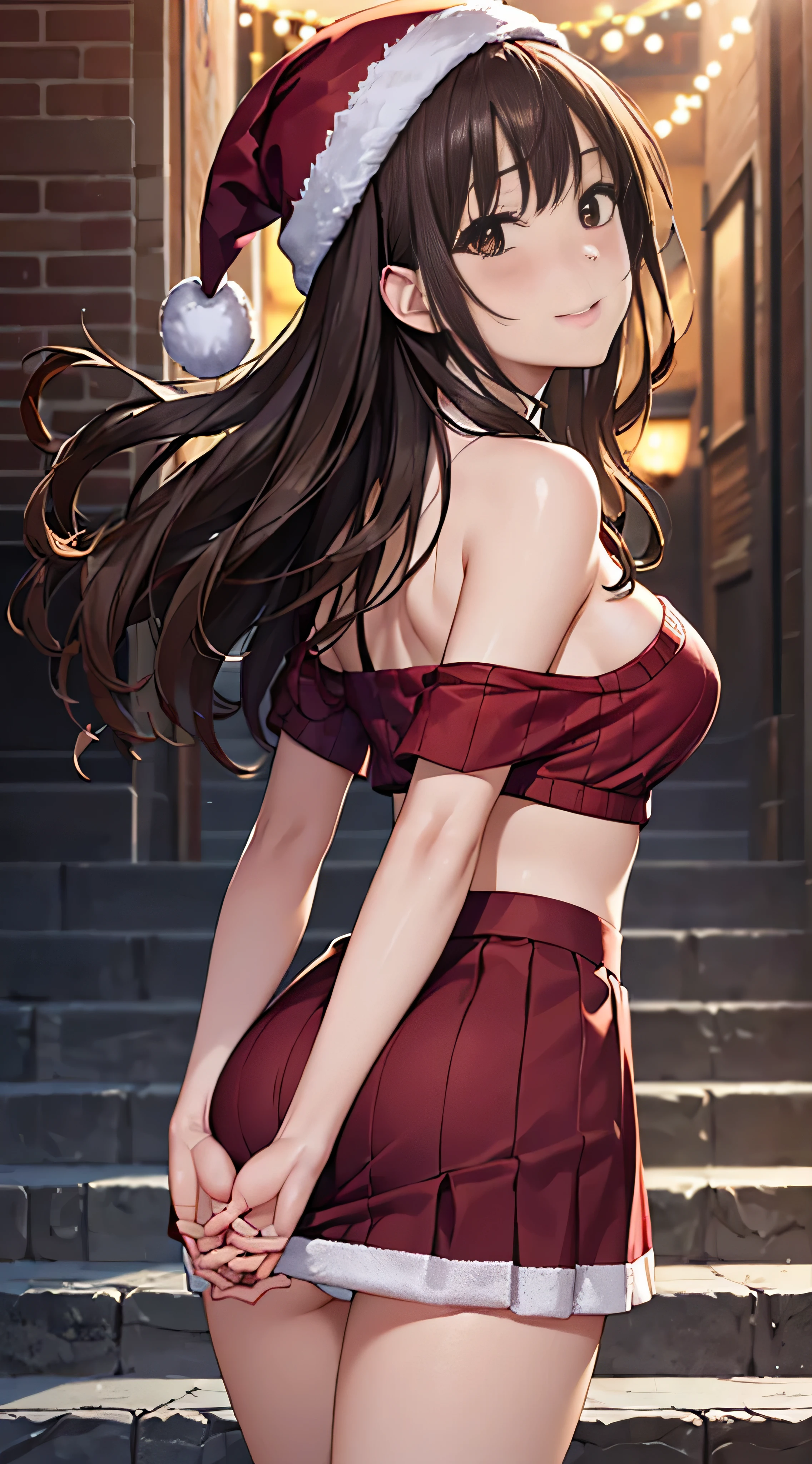 ((masutepiece, Best Quality, hight resolution, nffsw, Perfect Pixel, 4K, nffsw, nffsw))), 1girl in, Single, Solo, Beautie、full body seen、 ((Medium length wavy hair, Bangs, Brown hair)), ((Brown-eyed, Beautiful eyelashes, Realistic eyes)), ((Detailed face, Blushing:1.2)), ((Smooth texture:0.75, Realistic texture:0.65, Photorealistic:1.1, Anime CG style)), medium breasts, Dynamic Angle, Perfect body, (Santa Claus Costume、Red knitted hat、Red off-the-shoulder sweater、Long flared skirt、no-bra)), Christmas Lights、Looking up from the bottom of the stairs、Very embarrassing panic smile、Open your mouth and make a surprised face、 turned around、bending forward、(The wind flipped my skirt and exposed my butt.................................................、stick out your butt、Touching the buttocks with both hands、White lace panties)、