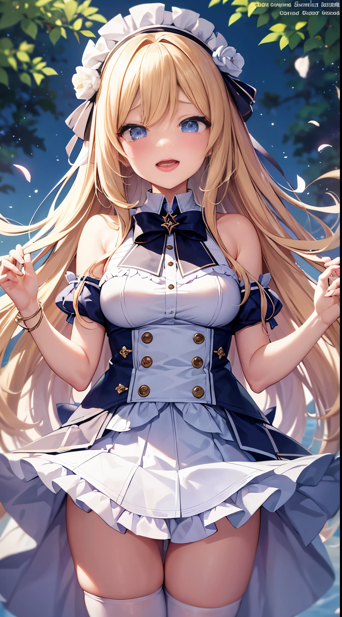 anime girl with long blonde hair and blue eyes in a white dress, small curvy loli, blonde anime girl with long hair, anime goddess, seductive anime girl, render of april, ecchi, from the azur lane videogame, water garden, ahegao, loli in dress, loli, pixiv 3dcg, ahegao, blush, sweat, open mouth, rolling eyes, tears, tongue out, skirt lift by myself, showing panties, nsfw,