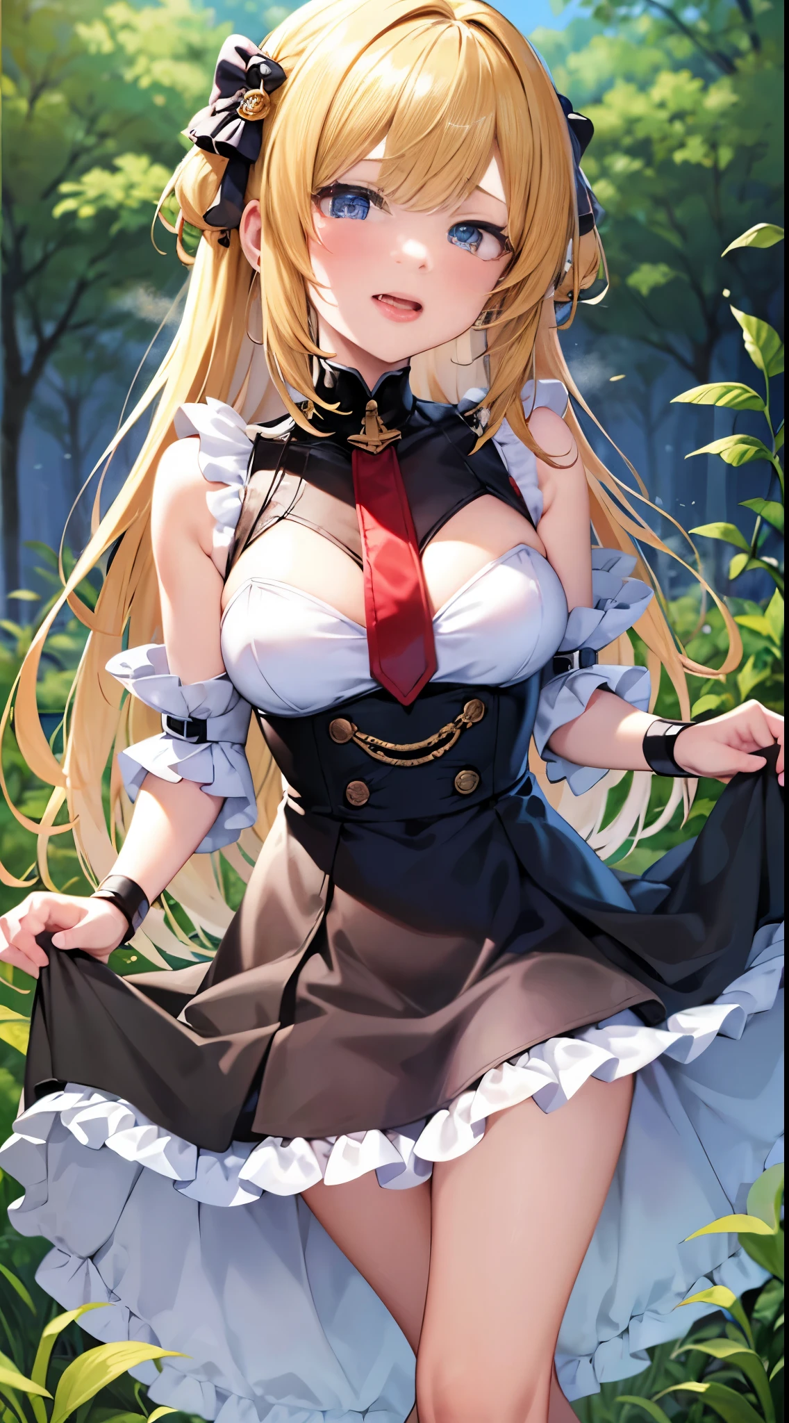 anime girl with long blonde hair and blue eyes in a white dress, small curvy , blonde anime girl with long hair, anime goddess, seductive anime girl, render of april, ecchi, from the azur lane videogame, water garden, ahegao, lolidress, loli, pi3dcg, ahegao, blush, sweat, open mouth, rolling eyes, tears, tongue out, skirt lift by myself, showing panties, nsfw,