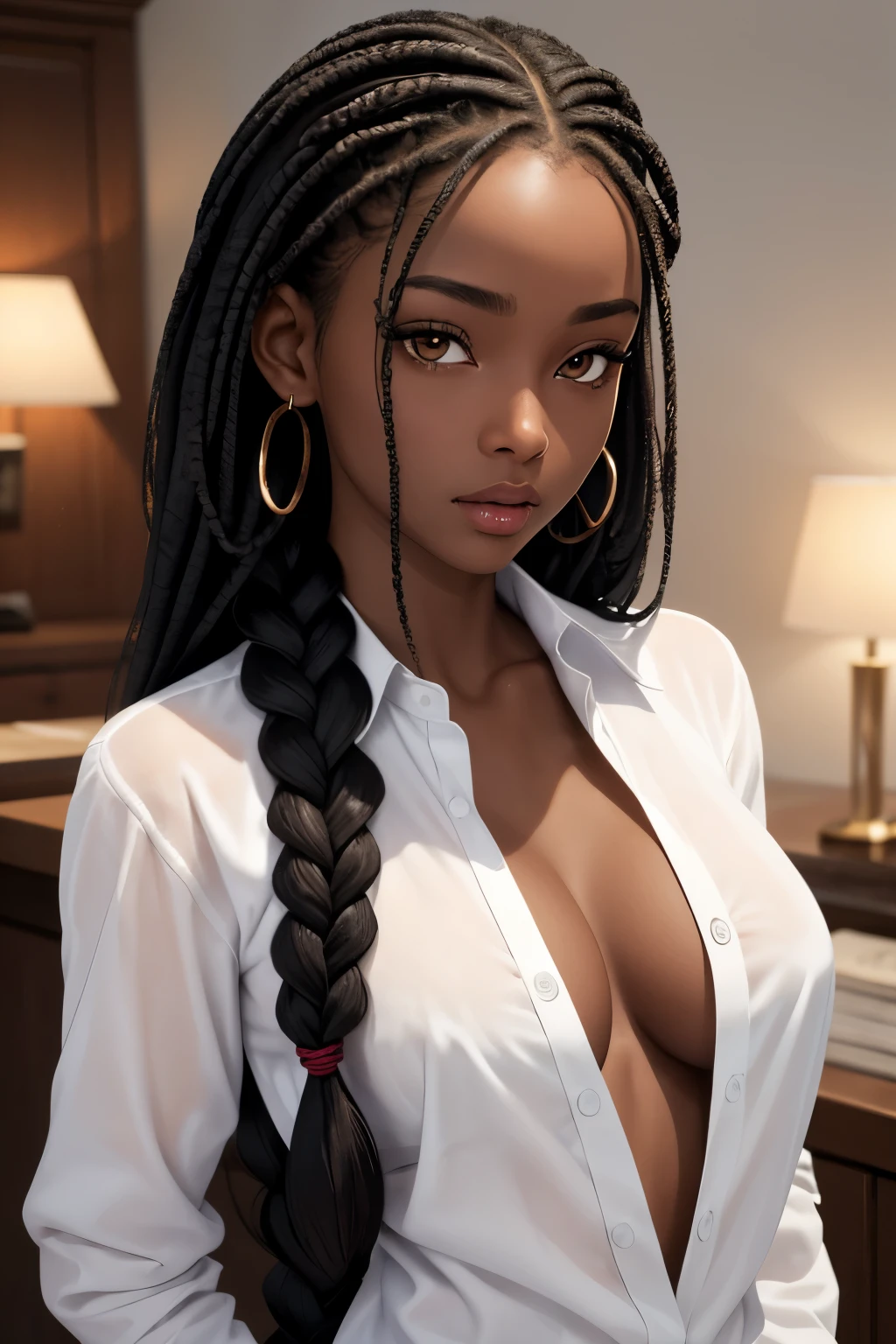 (masterpiece, best quality), deep ebony 1girl, beautiful face, freely hanging braids, white unbuttoned shirt