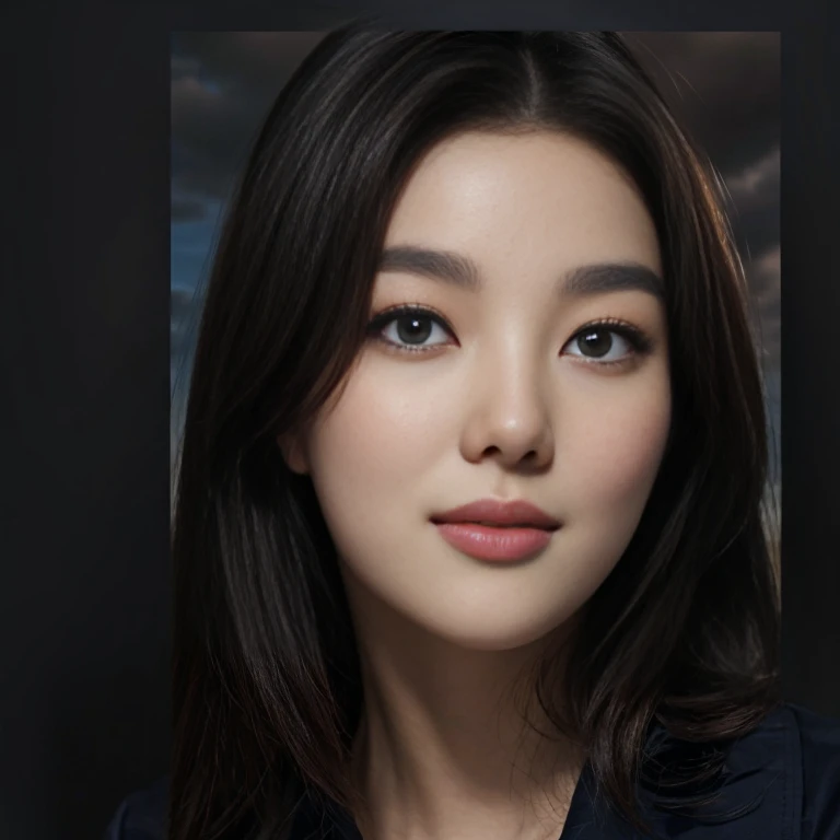 8k, high res, HQ, UHD, (photorealistic:1.4), masterpiece, hyper-realistic detailed photography of (beautiful korean girl), your_love, (kim you-jung:1.5), (wearing button blouse:1.3, long sleeve), 23 years old, (dynamic pose:1.4), (wonderful skyscape, clouds, cityview), slim fit body with a bit sweat, look at me, big boobs, sexypose, sagging breast, detailed body feature, proportional perfect body, petite posture, detailed perfect hand, good hand, clear bright skin, lustly look, symmetricaly face, perfect face feature, detailed face, Intricate detailed grey blue eyes, seductive smile, detailed perfect lips, a tiny mouth, detailed brunette hair, style with bang, perfect composition, dynamic lighting, summer atmosphere, natural blue colors, wide angle shot, seen from below, focus on face, dramatic lighting, photon mapping