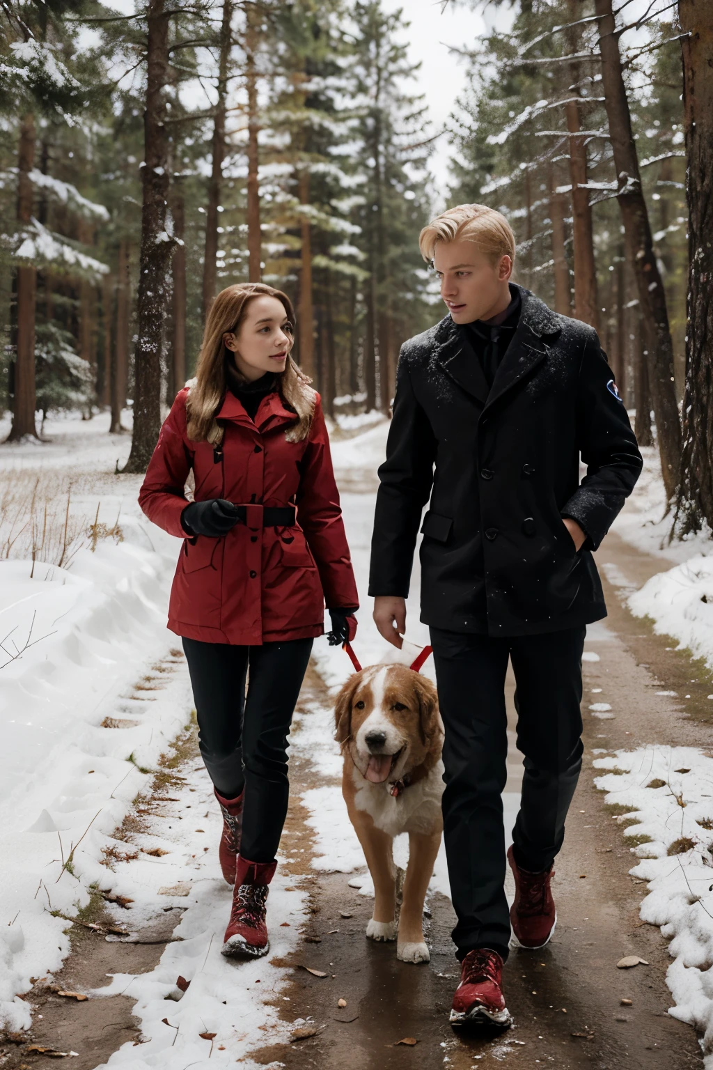 hyperreaistic man blonde, woman red, boy red, snowy forrest, dog pbgv