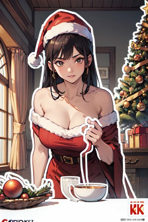ebony black milf, christmas, naked, santa hat, night, milf, black short hair, beauty mark, masterpiece, realistic body, sultry, gorgeus, detailed body, christmas tree in background, black woman