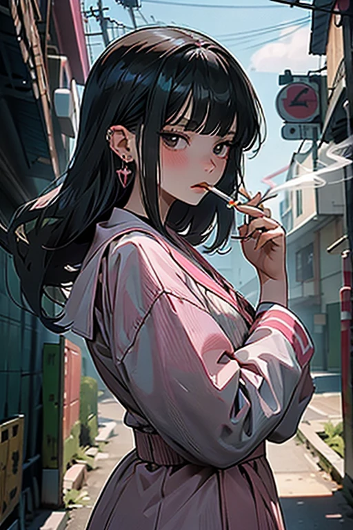 Masterpiece, best quality, high quality, ultra detailed, cowboy shot, 1girl, blunt bangs, hime cut, (((long twin-taillack hair, black eyes, pink sailor uniform, lots of earring, expressionless, smoking girl, holding a smartphone