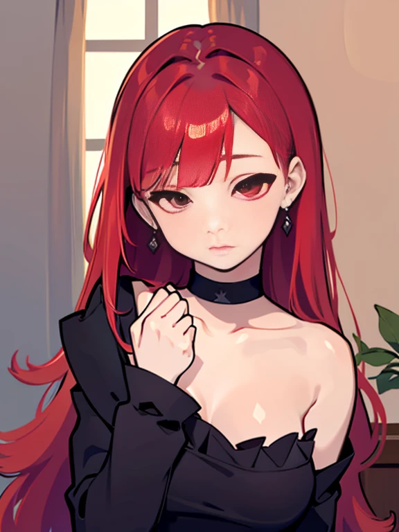 Extremely delicate and beautiful, Amazing, finedetail, Masterpiece, Ultra-detailed, High quality, 1female, red tinted hair,front-facing view,(closing her eyes),Gentle woman,black toga,Hands on your chest,Half-body diagram