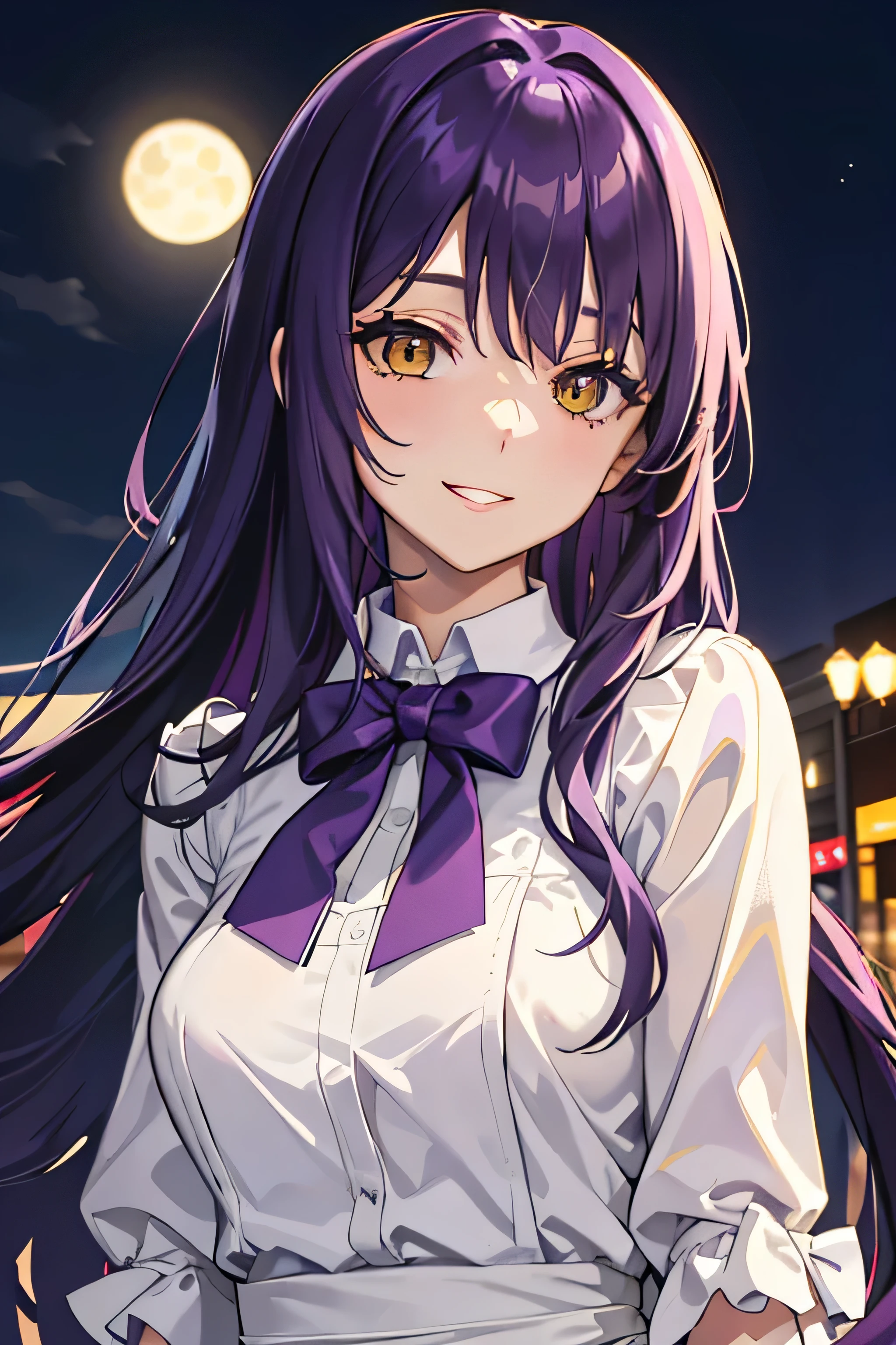 masterpiece, best quality, long hair, purple hair, close-up, yellow eyes, smile, medium breasts, purple bowtie, white shirt, night, cafe, moonlight, outdoors,