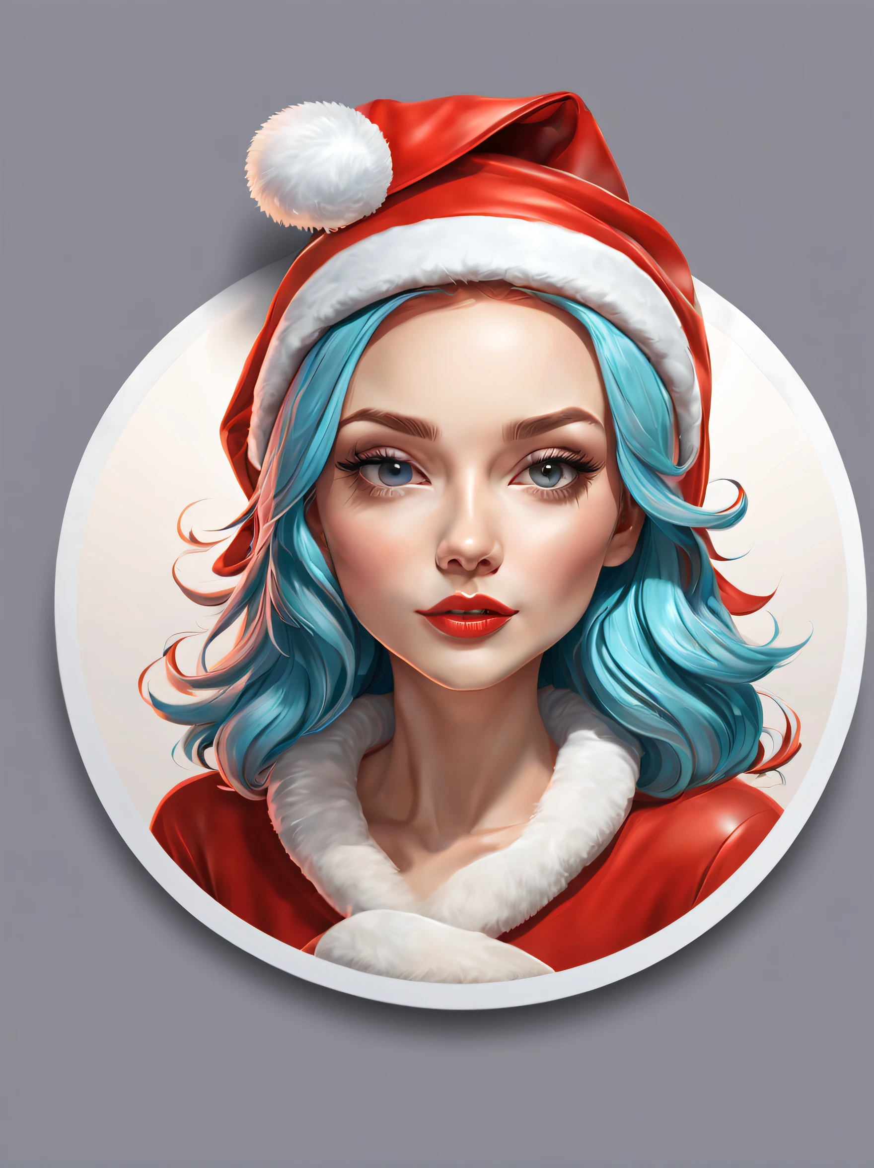 (One sticker,),(3D santa hat girl),bright colored hair,Slim, ellegance, There is also a touch of mystery.(on round background), (Christmas border)，, ultra - detailed, Detailed depiction of the, vectorized, 8K, 专业One sticker设计, Graphic design, vector lines, One sticker, Full-HD