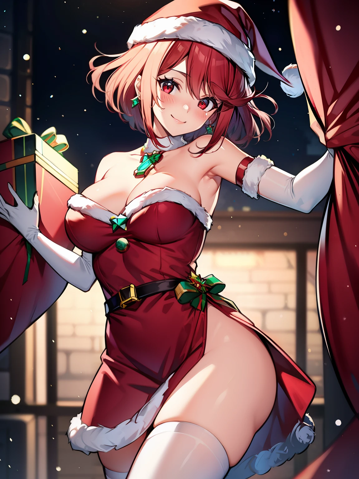 1girl, solo, masterpiece, best quality, high res, highly detailed, (illustration), beautiful detailed eyes,pyra red eyes ,glossy lips, makeup, smile, long white satin elbow gloves, cowboy shot, (santa), red santa dress, santa hat, strapless dress, full body, white elbow gloves
