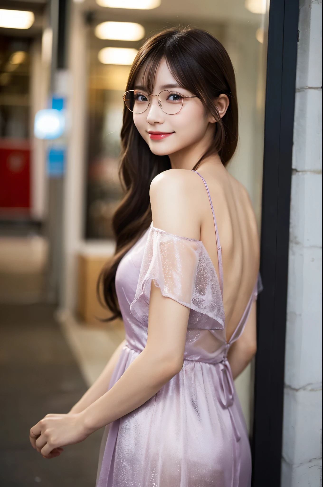 ulzzang -6500-v1.1, (Raw photo:1.2), (Photorealsitic), (See-through:1.3), (Real:1.4), 1Girl in glasses、22year old、game_nffsw, Round glasses(eye detailed), Smile of shame、(elegant long dress:1.3), (Ultra-realistic pantyhose:1.2), Turn around at the party venue、realistic skin textures、shinny skin、Exposed thighs!!! , make - up、