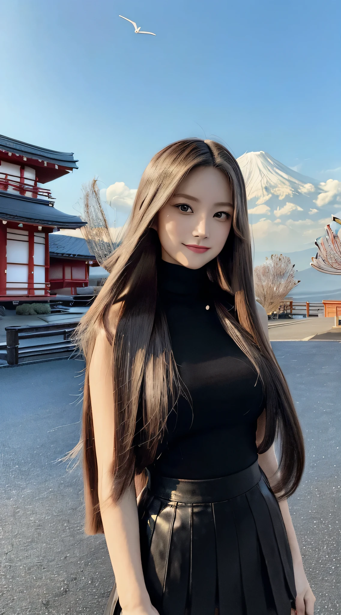(Refreshing smile:1.5),(Look at viewers:1.1),(hide one's hands:2.0),(Beautiful Japan Woman),(straight haired, Long hair, strong wind in the hair:1.5), ( High neck sleeveless ,Black tight skirt:1.5), (high-heels;1.3), detailed clothes, (Perfect female body), (Narrow waist:1.5), (Bust Up Portrait:1.3), Dynamic Pose, Cinematic Light, 135 mm, Fuji Film,