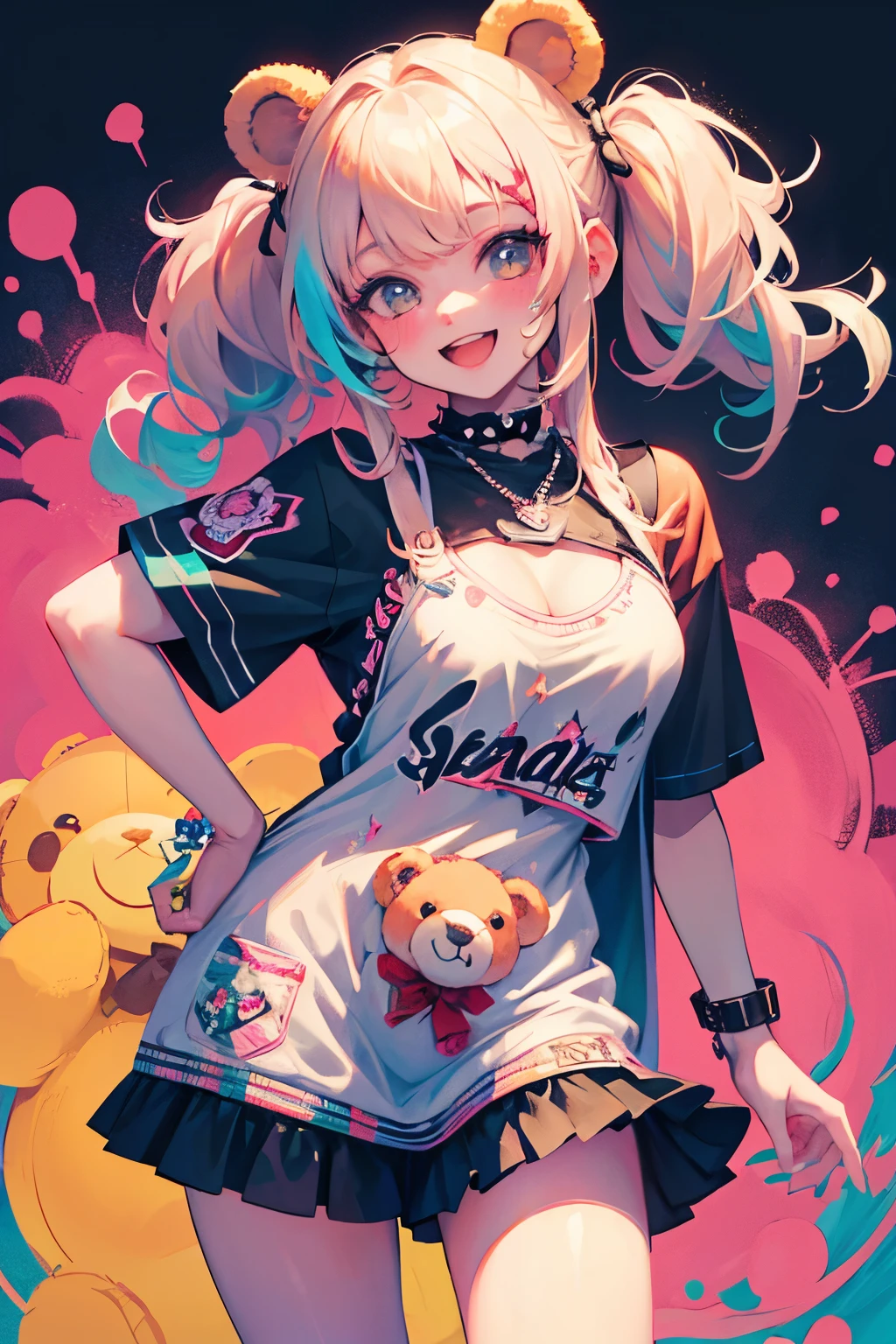 (illustratio:1.3)Teddy bear with girl smiling with open mouth,Painted with multicolored inks,Punk style,Innocent Teddy Bear,Radiant,Delicate,high-level image quality,Honey is dripping