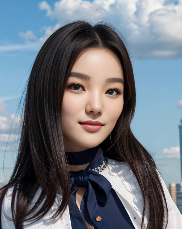8k, high res, HQ, UHD, (photorealistic:1.4), masterpiece, hyper-realistic detailed photography of (beautiful korean girl), your_love, (kim you-jung:1.5), (wearing button blouse:1.3, long sleeve), 23 years old, (dynamic pose:1.4), (wonderful skyscape, clouds, cityview), slim fit body with a bit sweat, look at me, big boobs, sexypose, sagging breast, detailed body feature, proportional perfect body, petite posture, detailed perfect hand, good hand, clear bright skin, lustly look, symmetricaly face, perfect face feature, detailed face, Intricate detailed grey blue eyes, seductive smile, detailed perfect lips, a tiny mouth, detailed brunette hair, style with bang, perfect composition, dynamic lighting, summer atmosphere, natural blue colors, wide angle shot, seen from below, focus on face, dramatic lighting, photon mapping