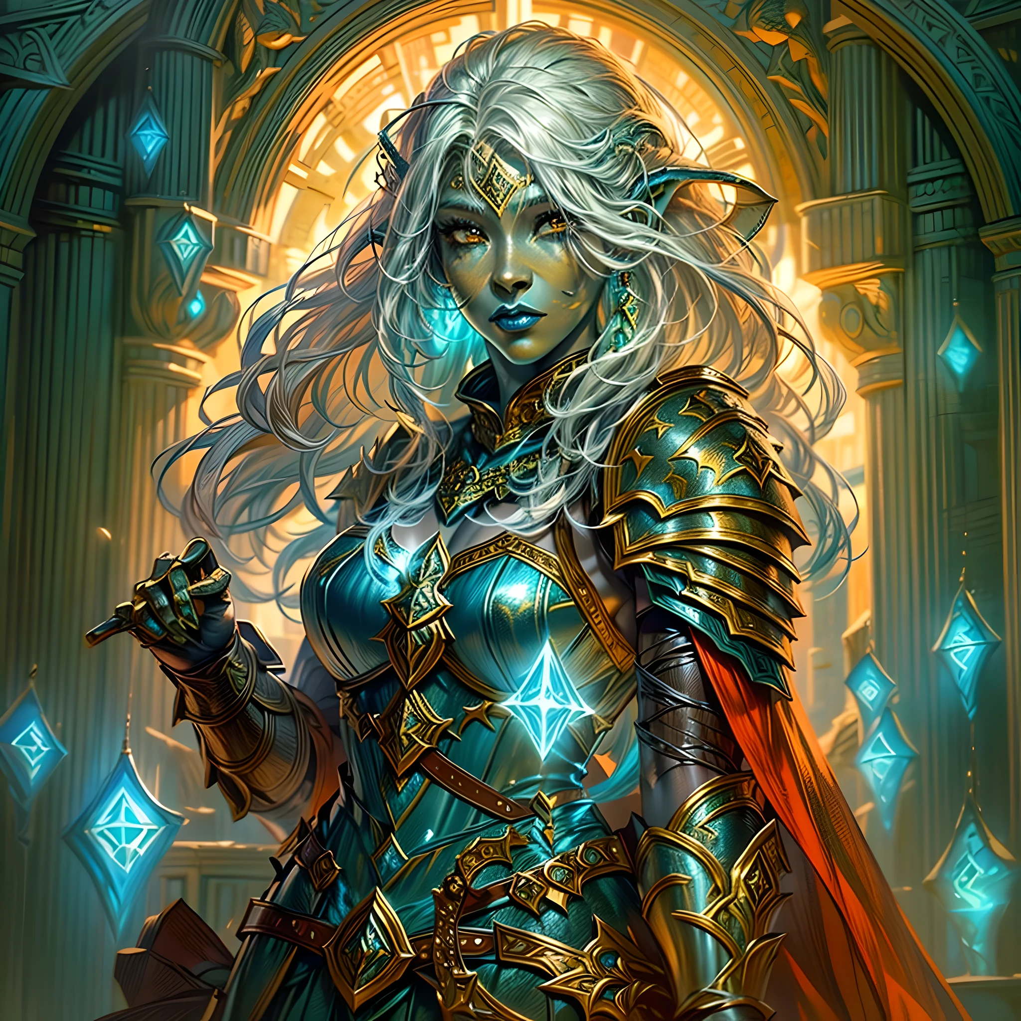 fantasy art, dnd art, RPG art, wide shot, (masterpiece: 1.4) portrait, intense details, highly detailed, photorealistic, best quality, highres, portrait a vedalken female (fantasy art, Masterpiece, best quality: 1.3) ((blue skin: 1.5)), intense details facial details, exquisite beauty, (fantasy art, Masterpiece, best quality) cleric, (blue colored skin: 1.5) 1person blue_skin, blue skinned female, (white hair: 1.3), long hair, intense green eye, fantasy art, Masterpiece, best quality) armed a fiery sword red fire, wearing heavy (white: 1.3) half plate mail armor CM-Beautiful_armor wearing high heeled laced boots, wearing an(orange :1.3) cloak, wearing glowing holy symbol GlowingRunes_yellow, within fantasy temple background, reflection light, high details, best quality, 16k, [ultra detailed], masterpiece, best quality, (extremely detailed), close up, ultra wide shot, photorealistic, RAW, fantasy art, dnd art, fantasy art, realistic art,