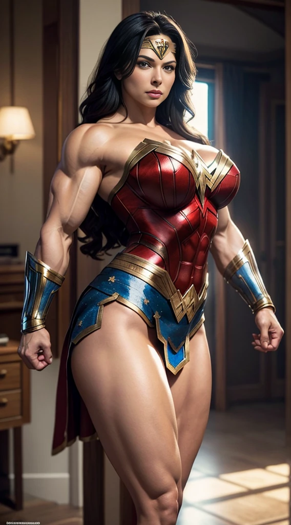 Super strong busty muscular beautiful Wonder Woman, strong tonned abs, strong huge biceps, enormous huge round firm breasts, hyper muscular bursting in strength, real female proportions, well defined muscles, epic