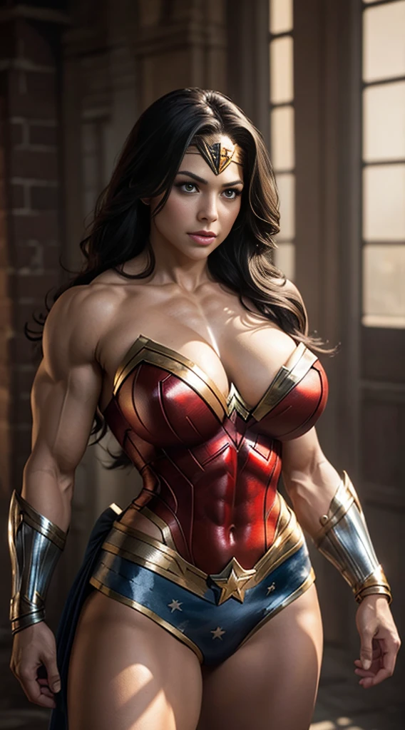 Super strong busty muscular beautiful Wonder Woman, strong tonned abs, strong huge biceps, enormous huge round firm breasts, hyper muscular bursting in strength, real female proportions, well defined muscles, epic