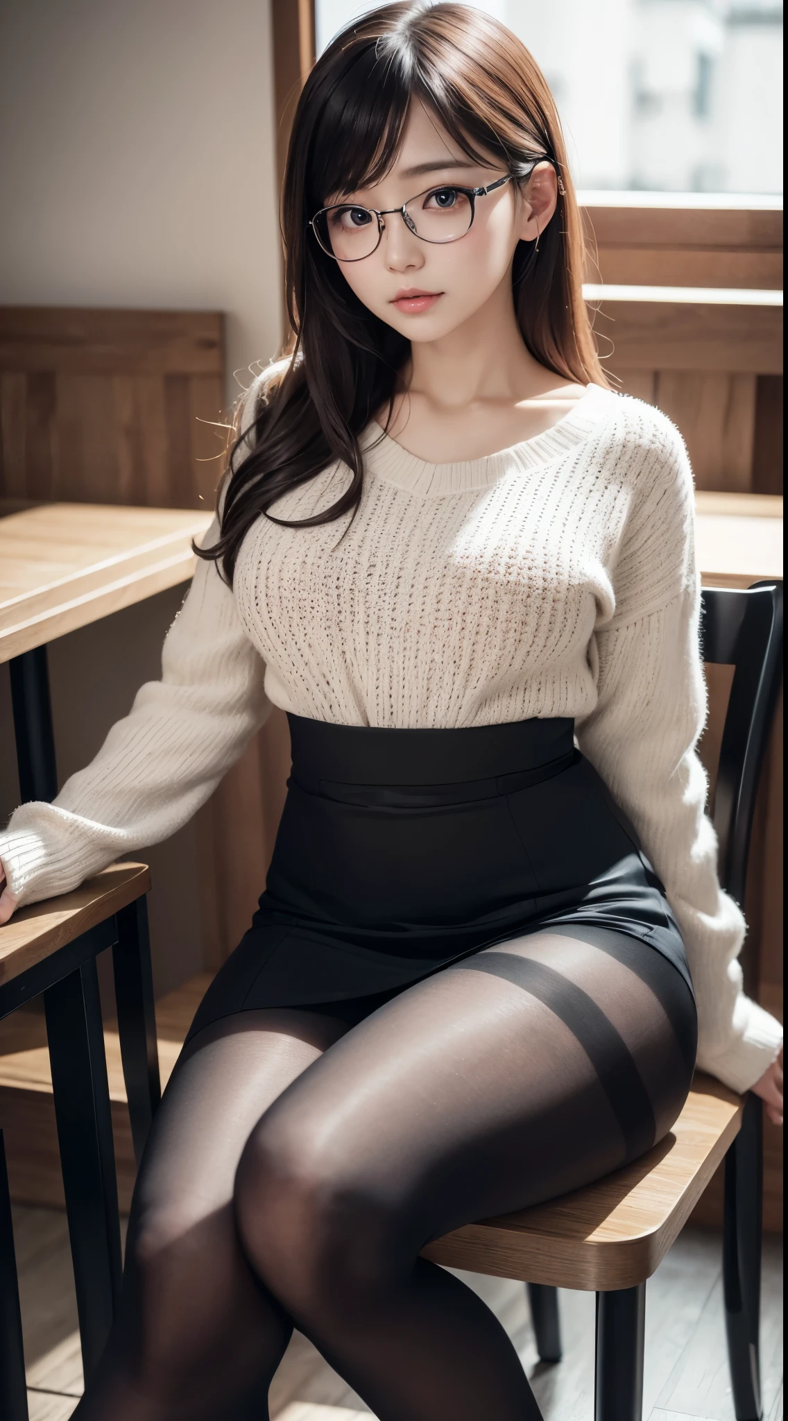 ulzzang -6500-v1.1,  Wife of 33 years、Wearing a knitted dress、(Ultra-realistic pantyhose:1.2)、thighs thighs thighs thighs、Sitting on a chair in an open café、Height 156 cm, slightly chubby figure、wears round glasses、Japanese Models, Short Layer Hair、japanaese girl, Neat and clean Japan woman, goddess of Japan, Innocence、Raw photo, (in 8K、top-quality、​masterpiece:1.2)、(intricate detailes:1.4)、(Photorealsitic:1.4)、octane renderings、Complex 3D rendering ultra detail, Studio Soft Light, Rim Lights, vibrant detail, super detailing, realistic skin textures, Detail Face, Beautiful detail eyes, Very detailed CG Unity 16k wallpaper, make - up, (detailedbackground:1.2),　shinny skin、あらわなthighs thighs thighs thighs!!!、
