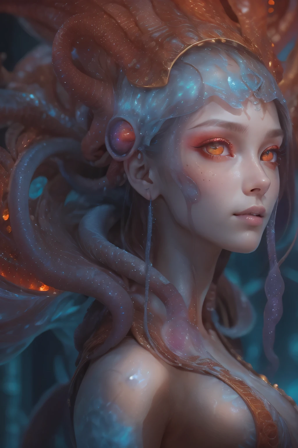 Portrait, (beautiful female alien:1.2),  (There is a female genital-like organ in the middle of the forehead:1.8), (The most beautiful face in the history of the universe:1.2), (scarlet eyes:1.6), (Translucent skin:1.8), an evil gaze that seduces , (red eyes:1.5), Full body like, (sexypose:1.5), alien, No humans, cells are fused, (Lots of translucent tentacles:1.1) (Translucent skin:1.3), extraterrestrial, cell, bio image, 魅惑的, Best Quality, 8K,4K_quality, high definition, Dramatic Lighting, masutepiece:1.5,cinematic quality, detail up, (Intricate details:1.2), high resolution, High Definition, drawing faithfully, (Thick eyebrows:1.2), Beautiful eyes with fine symmetry, (Ultra detailed eyes:1.2),(Highly detailed face and eyes:1.2), (High-resolution red-eye:1.4), Intimate face, (Super detailed skin quality feeling:1.4), Perfect Anatomy,  (Beautiful toned body:1.5),  (Moist skin:1.2), No makeup, (dark circles:1.1), long canines, cinematic drawing of characters, ultra high quality model, cinematic quality, detail up, (Intricate details:1.2), high resolution, High Definition, drawing faithfully, Official art, Unity 8K wall  , 8K Portrait, Best Quality, Very high resolution, ultra detailed artistic photography, midnight aura,  unreal engine 5, Ultra Sharp Focus, art by alberto seveso, ArtGerm, Roisch, intricate artwork, Medusa, best quality, masterpiece, ultra high resolution, (photos realistic：1.4), Ultra-realistic realism, dream-like,  nautilus, Creation of fantasy, Snail, Dream Snail,  biopunk nautilus, thrilling color schemes， Ultra-realistic realism， seductively smiling, blue tentacles