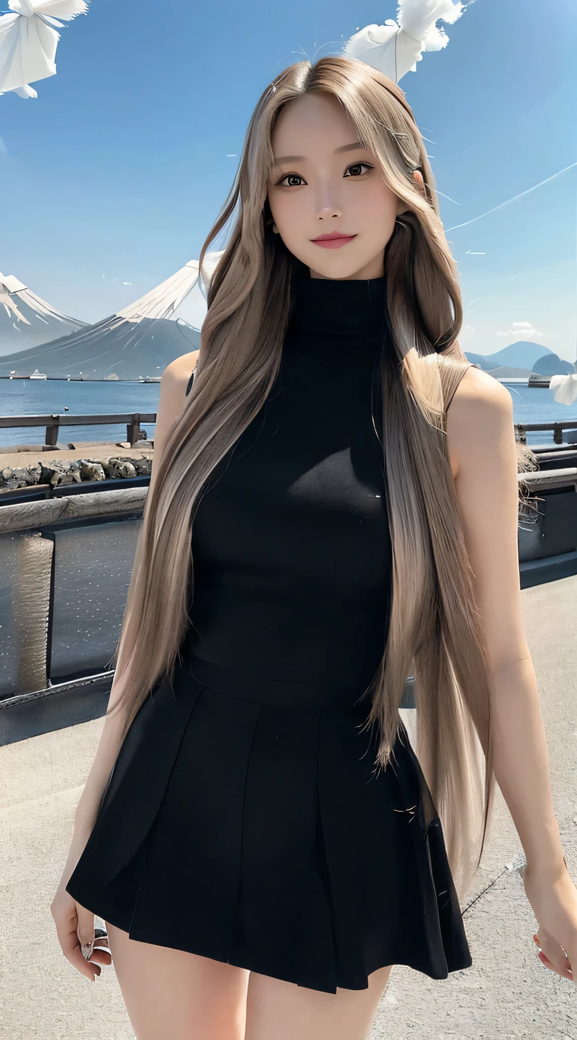 (Refreshing smile:1.5),(Look at viewers:1.1),(hide one's hands:2.0),(Beautiful Japan Woman),(straight haired, Long hair, strong wind in the hair:1.5), ( High neck sleeveless ,Black tight skirt:1.5), (high-heels;1.3), detailed clothes, (Perfect female body), (Narrow waist:1.5), (Bust Up Portrait:1.3), Dynamic Pose, Cinematic Light, 135 mm, Fuji Film,