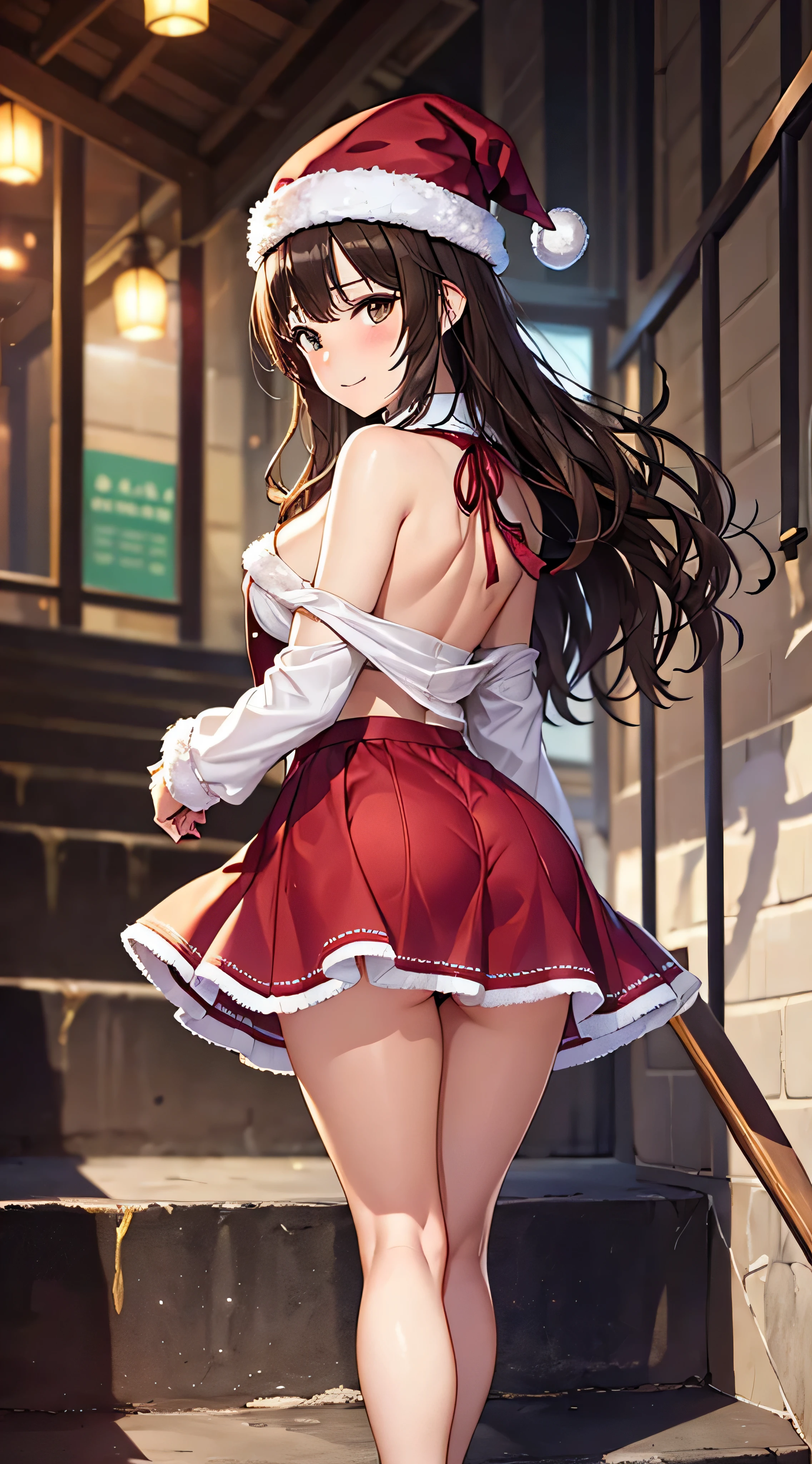 ((masutepiece, Best Quality, hight resolution, nffsw, Perfect Pixel, 4K, nffsw, nffsw))), 1girl in, Single, Solo, Beautie、full body seen、 ((Medium length wavy hair, Bangs, Brown hair)), ((Brown-eyed, Beautiful eyelashes, Realistic eyes)), ((Detailed face, Blushing:1.2)), ((Smooth texture:0.75, Realistic texture:0.65, Photorealistic:1.1, Anime CG style)), medium breasts, Dynamic Angle, Perfect body, (Santa Claus Costume、Red knitted hat、Red off-the-shoulder sweater、Long flared skirt、no-bra)), Christmas Lights、Looking up from the bottom of the stairs、Very embarrassing panic smile、Open your mouth and make a surprised face、 turned around、bending forward、(The wind flipped my skirt and exposed my butt...................................................、stick out your butt、Touching the buttocks with both hands、White lace panties)、