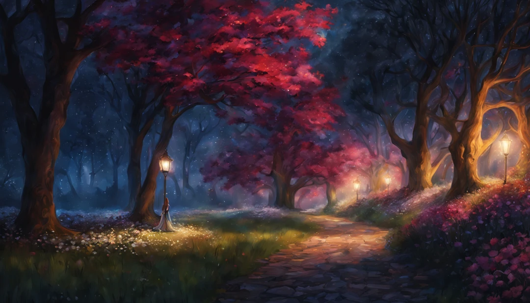 1 girl "Ana de frozen com vestido vermelho vinho", pintura: a view of a path with a path leading to a garden with trees and flowers, Jardim encantado, fantasy gorgeous lighting, paisagem natural noturna, enchanted magical fantasy forest, Wonderland at night, very magical and dreamy, caminho, Lovely lighting, magical ambiance, paisagem lindamente iluminada, foto muito bonita, magic lighting, belo jardim, papel de parede bonito, magical ambiance