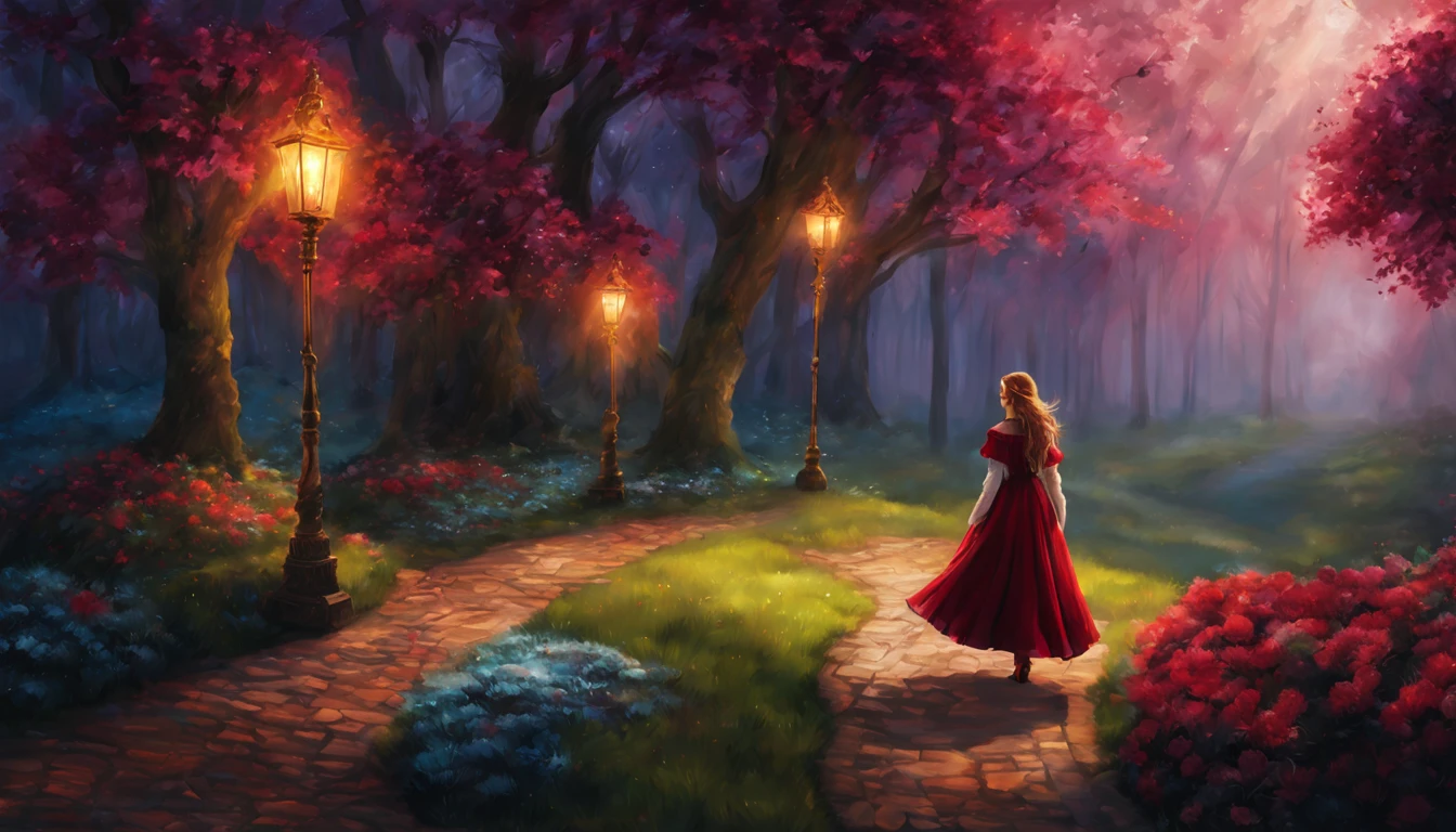 1 girl "Ana de frozen com vestido vermelho vinho", pintura: a view of a path with a path leading to a garden with trees and flowers, Jardim encantado, fantasy gorgeous lighting, paisagem natural noturna, enchanted magical fantasy forest, Wonderland at night, very magical and dreamy, caminho, Lovely lighting, magical ambiance, paisagem lindamente iluminada, foto muito bonita, magic lighting, belo jardim, papel de parede bonito, magical ambiance