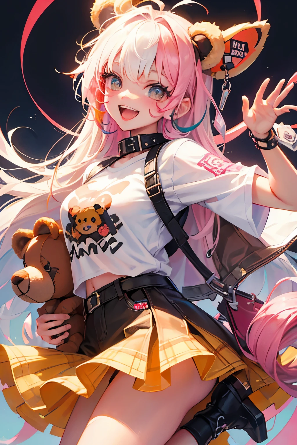 (illustratio:1.3)Teddy bear with girl smiling with open mouth,Painted with multicolored inks,Punk style,Innocent, bear ears ,Radiant,Delicate,high-level image quality,Honey is dripping