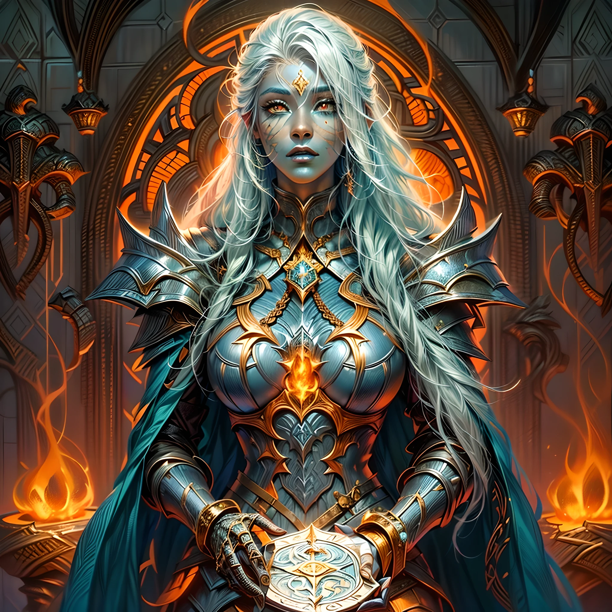 fantasy art, dnd art, RPG art, wide shot, (masterpiece: 1.4) portrait, intense details, highly detailed, photorealistic, best quality, highres, portrait a vedalken female (fantasy art, Masterpiece, best quality: 1.3) ((deep blue skin: 1.5)), intense details facial details, exquisite beauty, (fantasy art, Masterpiece, best quality) cleric, (blue colored skin: 1.5) 1person blue_skin, blue skinned female, (white hair: 1.3), long hair, intense green eye, fantasy art, Masterpiece, best quality) armed a fiery sword red fire, wearing heavy (white: 1.3) half plate mail armor CM-Beautiful_armor wearing high heeled laced boots, wearing an(orange :1.3) cloak, wearing glowing holy symbol GlowingRunes_yellow, within fantasy temple background, reflection light, high details, best quality, 16k, [ultra detailed], masterpiece, best quality, (extremely detailed), close up, ultra wide shot, photorealistic, RAW, fantasy art, dnd art, fantasy art, realistic art,