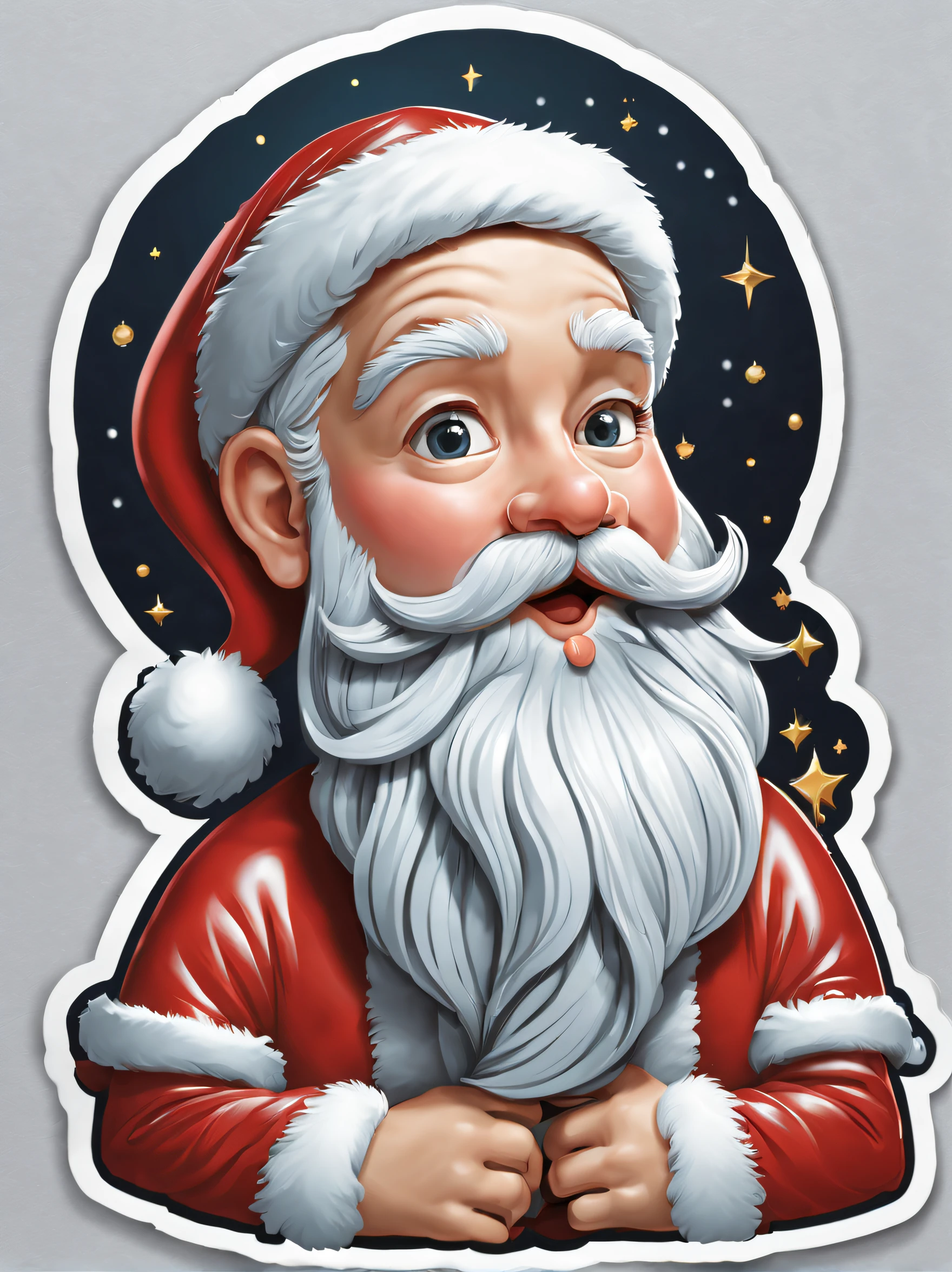 (One sticker,),(3D Santa Claus Colored Hair,Slim, ellegance, There is also a touch of mystery.(on round background), (Christmas border)，, ultra - detailed, Detailed depiction of the, vectorized, 8K, 专业One sticker设计, Graphic design, vector lines, One sticker, Full-HD