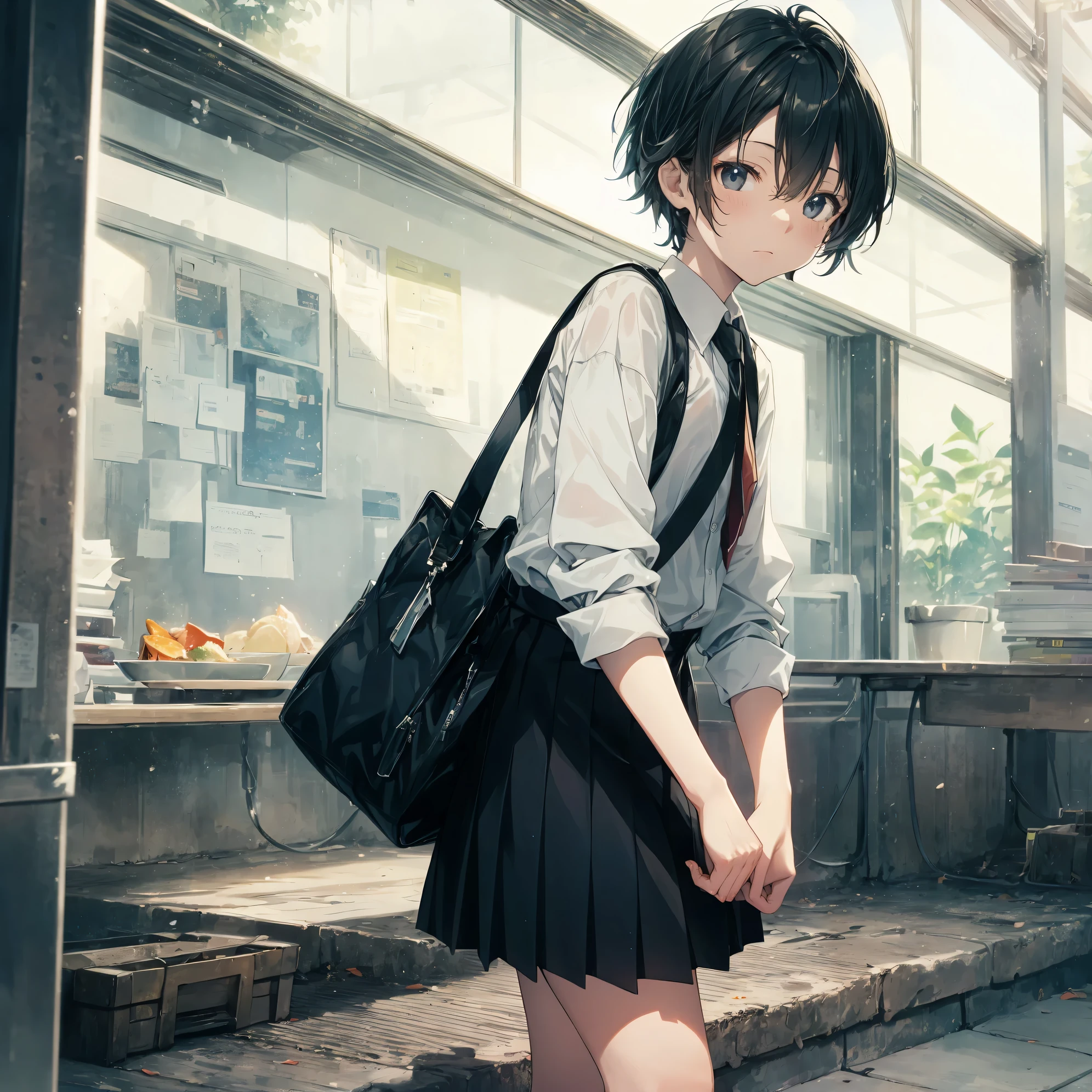 Super high quality by the art god, Ultra-detailed, High resolution, Shinkai Makoto style, anime moe art style, best anime 8K konachan wallpaper, Pixiv Contest Winner, Perfect Anatomy, BREAK,(Please draw a sleepy girl going to school alone.. ),BREAK, a hyperrealistic schoolgirl, (Solo,Lori,child,13years:1.3),Full limbs, complete fingers,a junior high school student, Androgynous attraction, (Very short hair), hair messy, flat chest, Small butt, groin, Small eyes,Beautiful detailed black eyes, Well-proportioned iris and pupils, disgusted eye, High resolution detailed hair, School uniform, Skirt,  On the way to school. BREAK,Ultra-detailed細なスキン, Best lighting by famous artists, 8K,Cute illustration,
