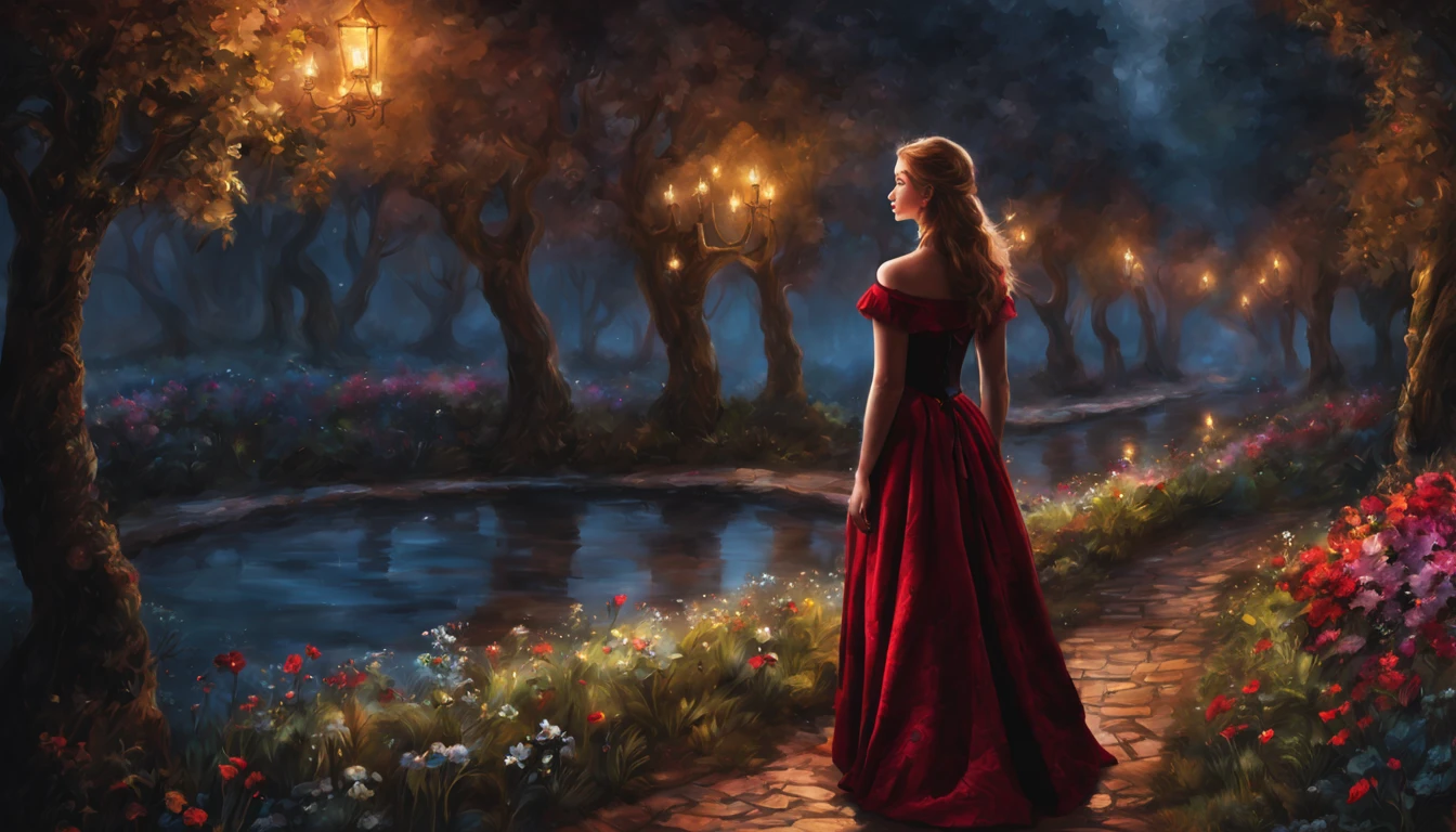 1 girl "Ana de frozen com vestido vermelho vinho", pintura: a view of a path with a path leading to a garden with trees and flowers, Jardim encantado, fantasy gorgeous lighting, paisagem natural noturna, enchanted magical fantasy forest, Wonderland at night, very magical and dreamy, caminho, Lovely lighting, magical ambiance, paisagem lindamente iluminada, foto muito bonita, magic lighting, belo jardim, papel de parede bonito, magical ambiance