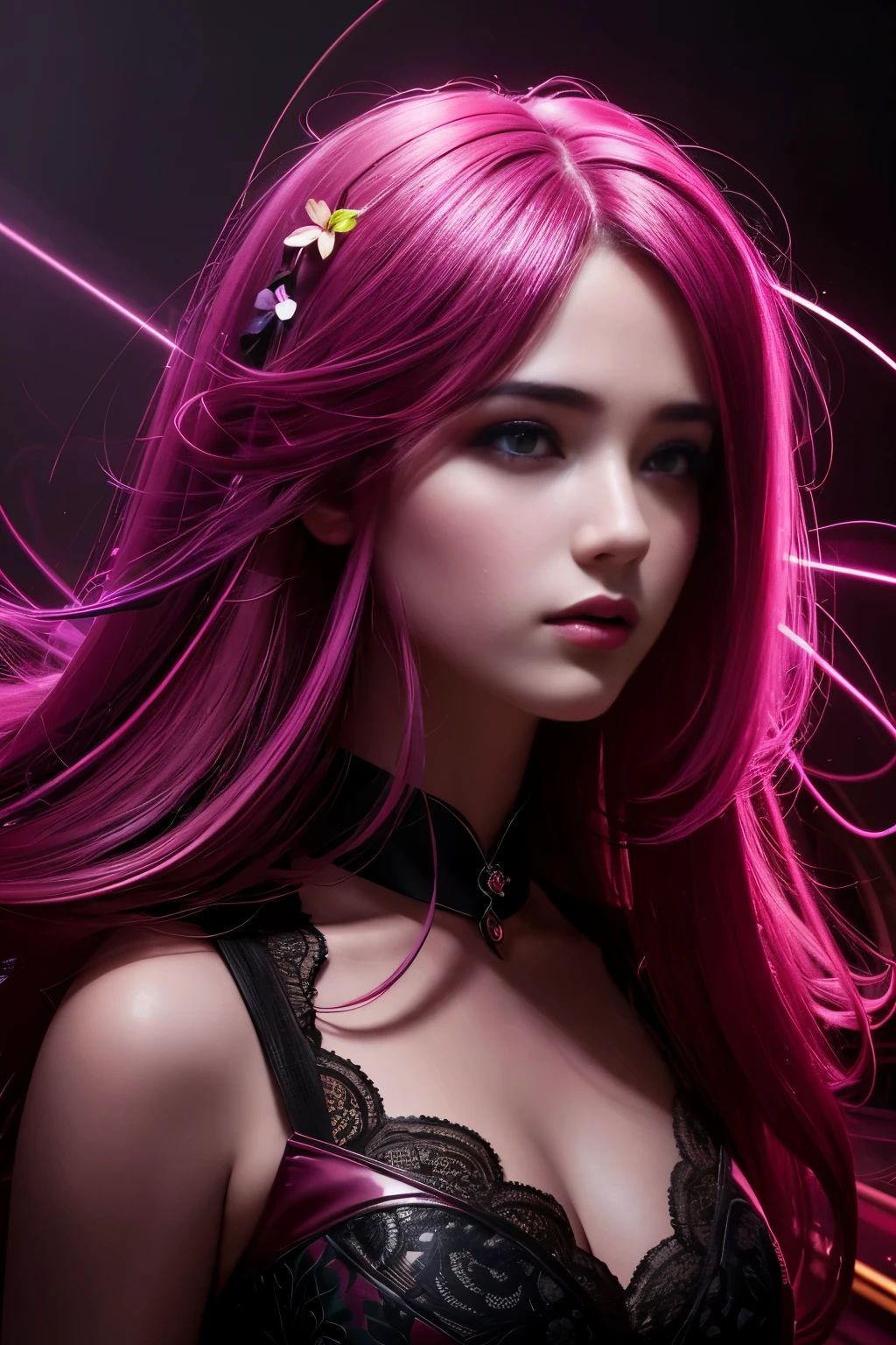 Neon, magic flowers, Shadow play, light, mist, moody, mysterious, glossy hair, neon hues, earthy, vivid, red pink maroon cream, cinematic, Film light, Hyper detailed, Hyper realistic, masterpiece, dark atmospheric treatment, High resolution, Vibrant, High contrast, dark angle, 16k Raw, HDR, Mysterious