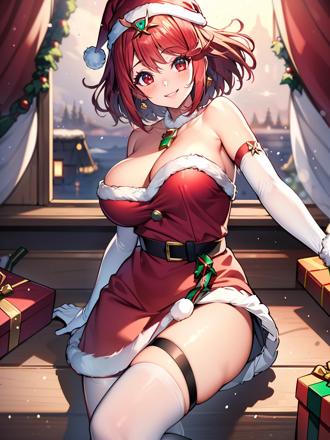 1girl, solo, masterpiece, best quality, high res, highly detailed, (illustration), beautiful detailed eyes,pyra red eyes ,glossy lips, makeup, smile, long white satin elbow gloves, cowboy shot, (santa), red santa dress, santa hat, strapless dress, full body, white elbow gloves