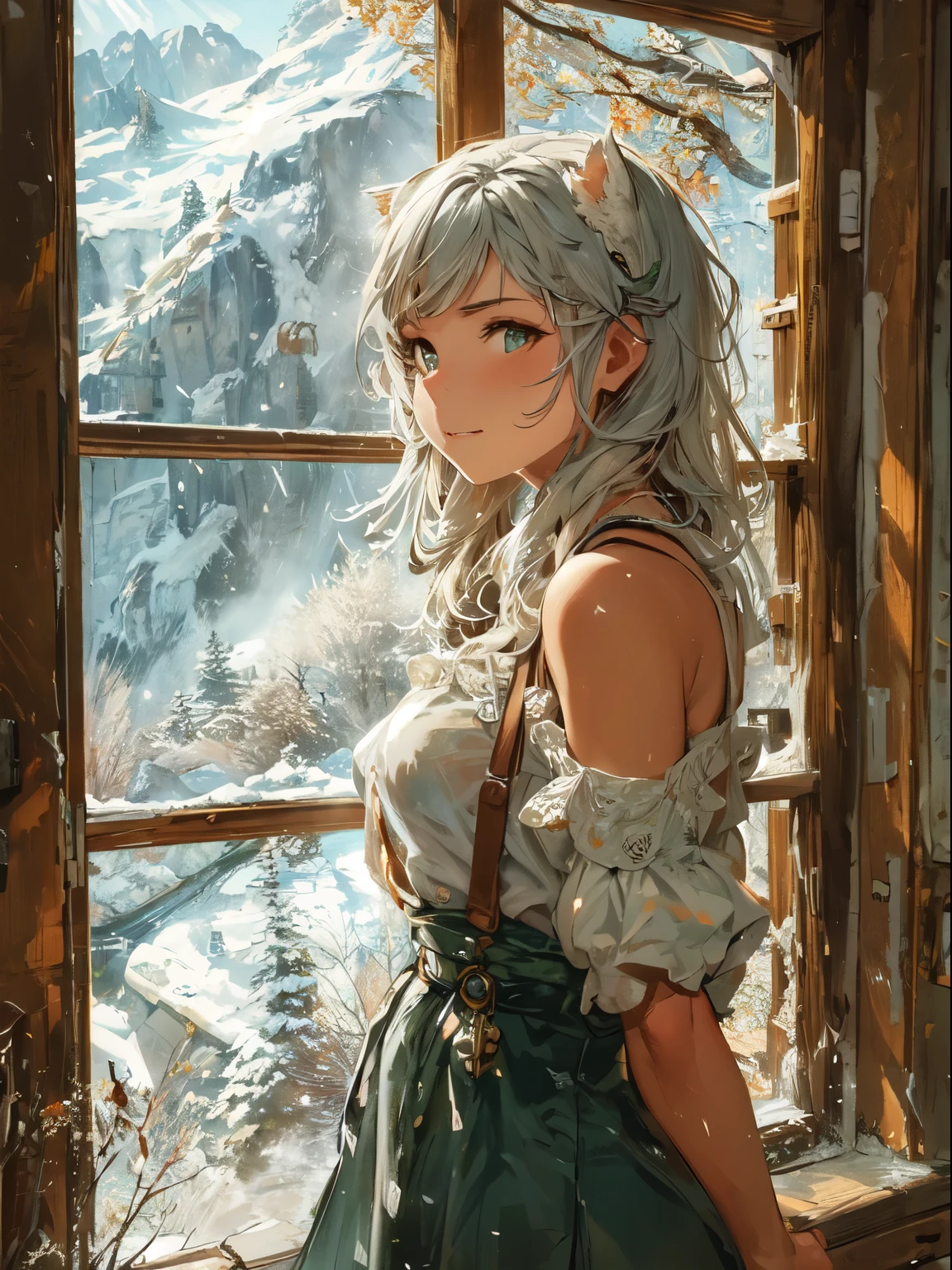 Exquisite, sunlight-infused illustration BREAK A side profile with a soft focus on the character's face and the details of the environment BREAK A young woman with feline ears and intricate white hair, looking contemplatively outside a window BREAK A cozy interior filled with books, potted plants, and vintage decor, bathed in the golden light of a tranquil afternoon.