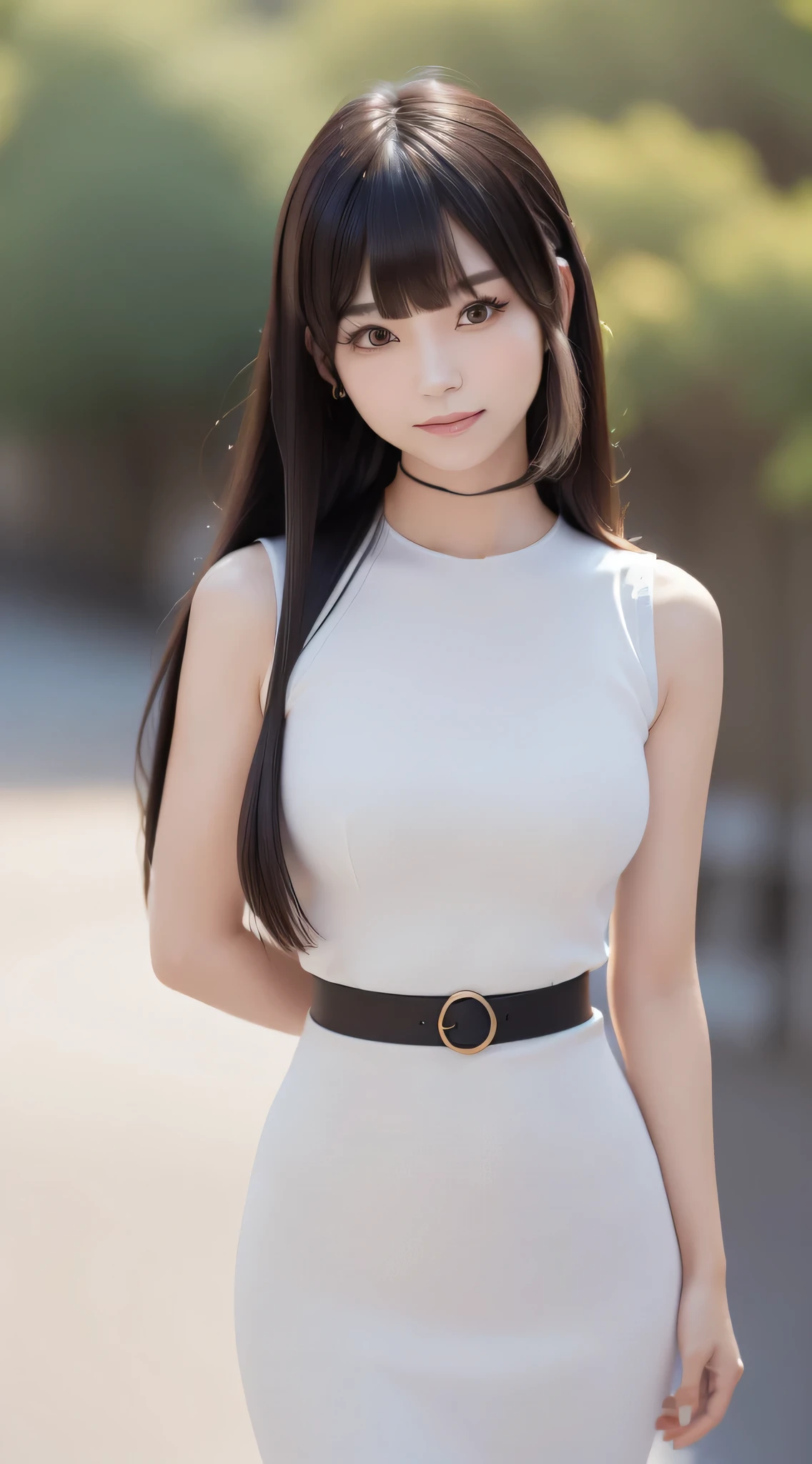 (Refreshing smile:1.5),(Look at viewers:1.1）,（hide one's hands:2.0）,(Beautiful Japan Woman）,（ Blunt bangs, hair behind ear, hair over shoulder, straight haired, Long hair, strong wind in the hair:1.5), （ High neck sleeveless , tight skirts:1.5), （high-heels;1.3), detailed  clothes, (Perfect female body), (Narrow waist:1.5), (Bust Up Portrait:1.3),   Dynamic Pose, Cinematic Light, alps