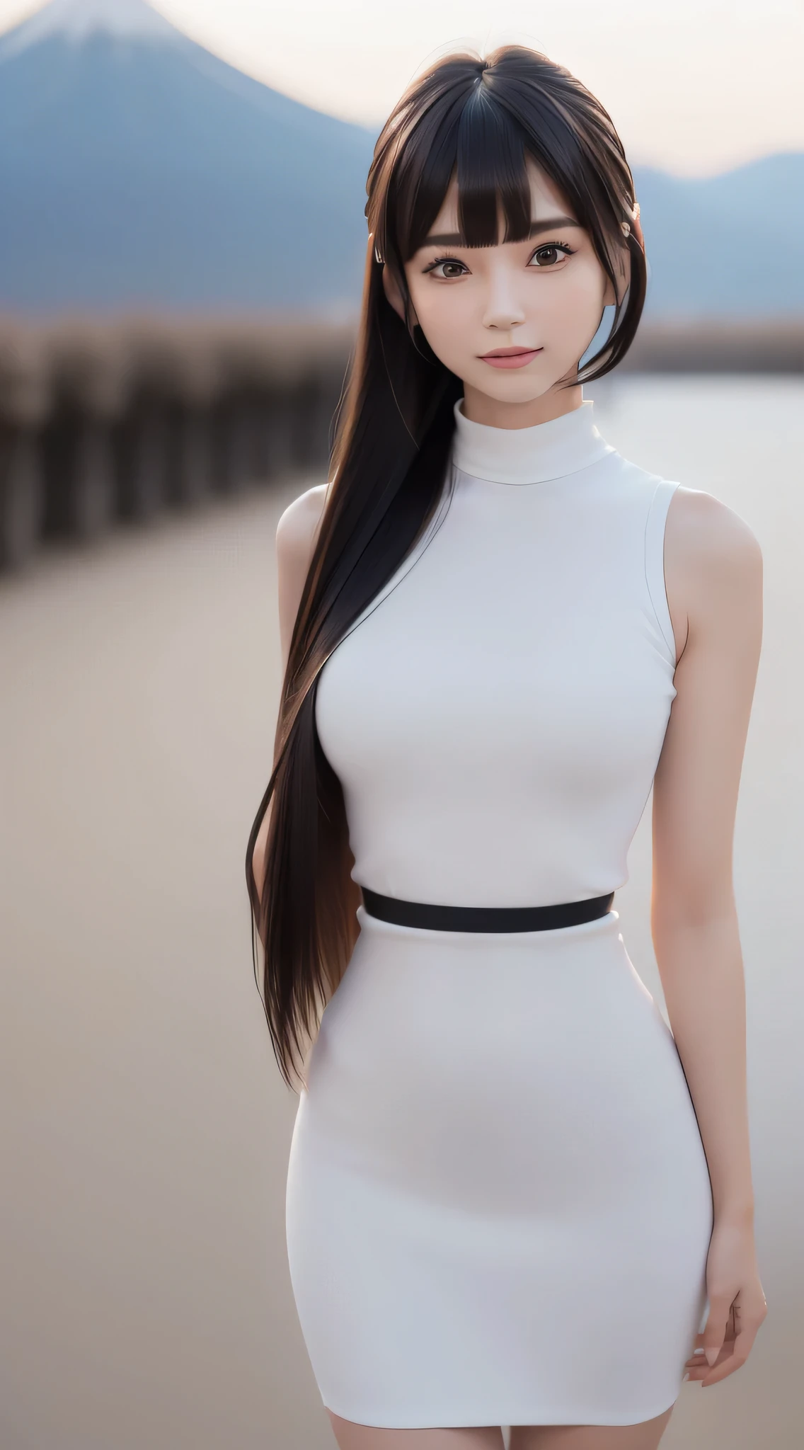 (Refreshing smile:1.5),(Look at viewers:1.1）,（hide one's hands:2.0）,(Beautiful Japan Woman）,（ Blunt bangs, hair behind ear, hair over shoulder, straight haired, Long hair, strong wind in the hair:1.5), （ High neck sleeveless , tight skirts:1.5), （high-heels;1.3), detailed  clothes, (Perfect female body), (Narrow waist:1.5), (Bust Up Portrait:1.3),   Dynamic Pose, Cinematic Light, alps