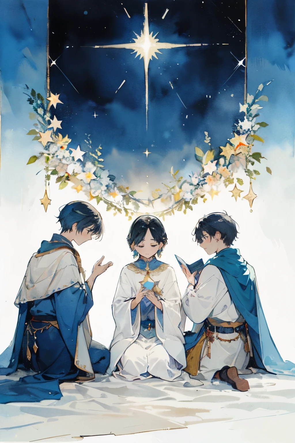 exceptional, best aesthetic, new, newest, best quality, masterpiece, extremely detailed), religious painting,night sky,star,star of bethlehem,magi,three wise men,watercolor painting,one star,No connection