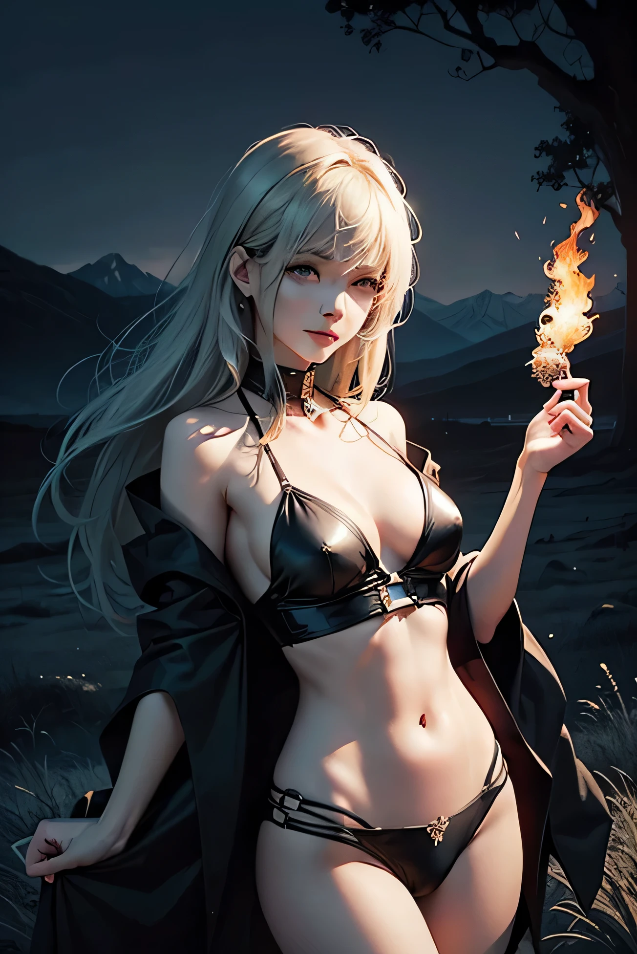(tmasterpiece, Best quality at best:1.4), 电影灯光, Colorful, hight contrast, mont, grassy, The tree, the night, (terror (The subject):1.2), (Monday(tmasterpiece, Best quality at best:1.4), (Captivating digital art) , 电影灯光, brilliant Colorful, hight contrast, Spooky mont view, 郁郁葱葱的grassy地, Twisted The trees, the nighttime scene, Cold and intense visual experiencer：1.2），darkly，sexy japanese anime，Perfect body and gentle smile