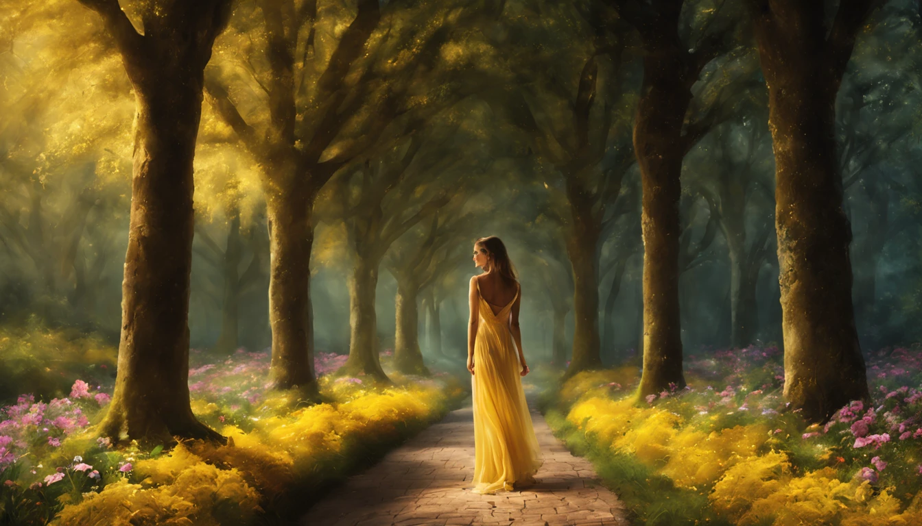 1 girl "Ileana D&#39;Cruz com vestido Amarelo longo", pintura: a view of a path with a path leading to a garden with trees and flowers, Jardim encantado, fantasy gorgeous lighting, paisagem natural noturna, enchanted magical fantasy forest, Wonderland at night, very magical and dreamy, caminho, Lovely lighting, magical ambiance, paisagem lindamente iluminada, foto muito bonita, magic lighting, belo jardim, papel de parede bonito, magical ambiance