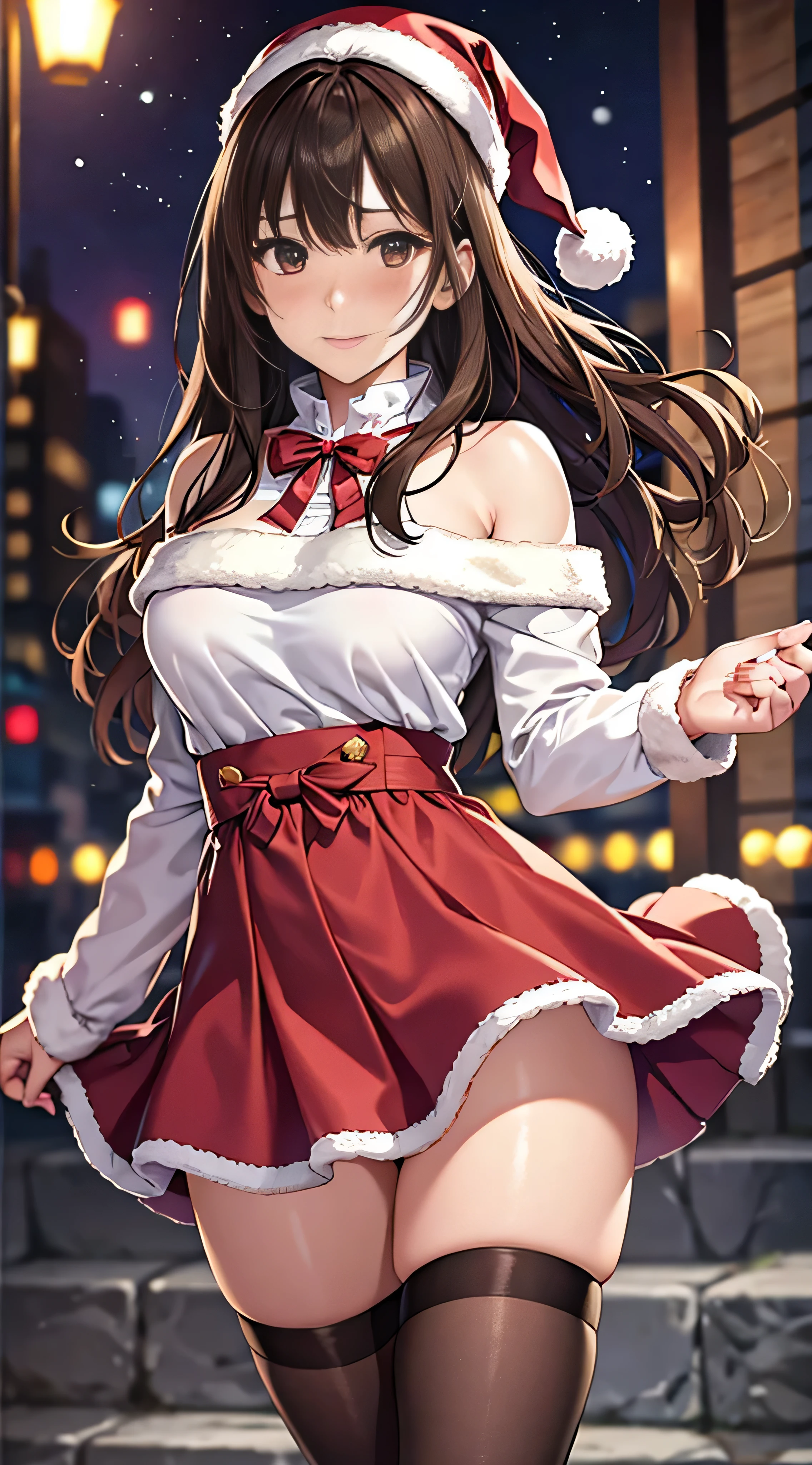 ((masutepiece, Best Quality, hight resolution, nffsw, Perfect Pixel, 4K, nffsw, nffsw))), 1girl in, Single, Solo, Beautie、full body seen、 ((Medium length wavy hair, Bangs, Brown hair)), ((Brown-eyed, Beautiful eyelashes, Realistic eyes)), ((Detailed face, Blushing:1.2)), ((Smooth texture:0.75, Realistic texture:0.65, Photorealistic:1.1, Anime CG style)), medium breasts, Dynamic Angle, Perfect body, (Santa Claus Costume、Red knitted hat、Red off-the-shoulder sweater、Long flared skirt)), Christmas Lights、Looking up from the bottom of the stairs、Very embarrassing panic smile、Open your mouth and make a surprised face、 turned around、bending forward、(The wind flipped my skirt and exposed my butt..................................................、stick out your butt、Touching the buttocks with both hands、Pink lace panties)、