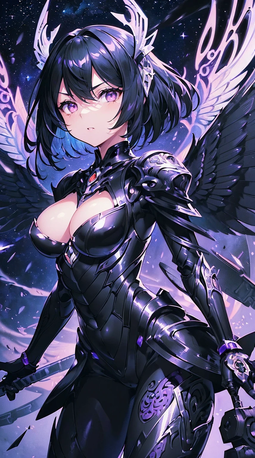 (((masterpiece))), (((highest quality))), ((ultra-detailed)), ((super fine illustration)), ((ultra-fine painting)), (Highly detailed and delicate illustration style:1.8), detailed skin texture, detailed metal texture, extreme detailed description, (T-masterpiece), original, raw photo, professional, Intricate details, super details, intricate ornament details, (16-years-old), (american shot:1.6), real, (Solo), (Beautiful girl marshal dressed as a mechanical angel) BRAKE (Beautifully shaped small breasts), (Beautifully shaped small buttocks), (Beautiful shiny black short hair:1.6), (highly detailed black short hair:1.2), (beautiful clear purple eyes:1.6), (highly detailed clear purple eyes:1.2), (highly detailed face:1.2), (Perfect, very detailed and beautiful hands:1.2), (Perfect, very detailed and beautiful fingers:1.2), (Perfect, highly detailed and beautiful fingertips:1.2), (perfect anatomy:1.2) BRAKE ((sophisticated mechanism:1.6))Smooth and menacing design, (Highly detailed large black symmetrical mechanical wings:1.4)Smooth and menacing design, (highly detailed large jet black symmetrical wings:1.2), (A highly detailed black mechanical armor fully equipped with multi-purpose firearms exclusively for the Girl Marshal:1.3), (Symmetrical Wings:1.6) BRAKE concept-art, cyber-punk, (Detailed Science Fantasy Art:1.2), (Battle Pose), (Highly detailed attack pose) BRAKE (Different world:1.1), no robot, (16K highest quality wallpaper:1.4), (Highly detailed and delicate starry sky background:1.2) BRAKE sexy, NSFW BRAKE